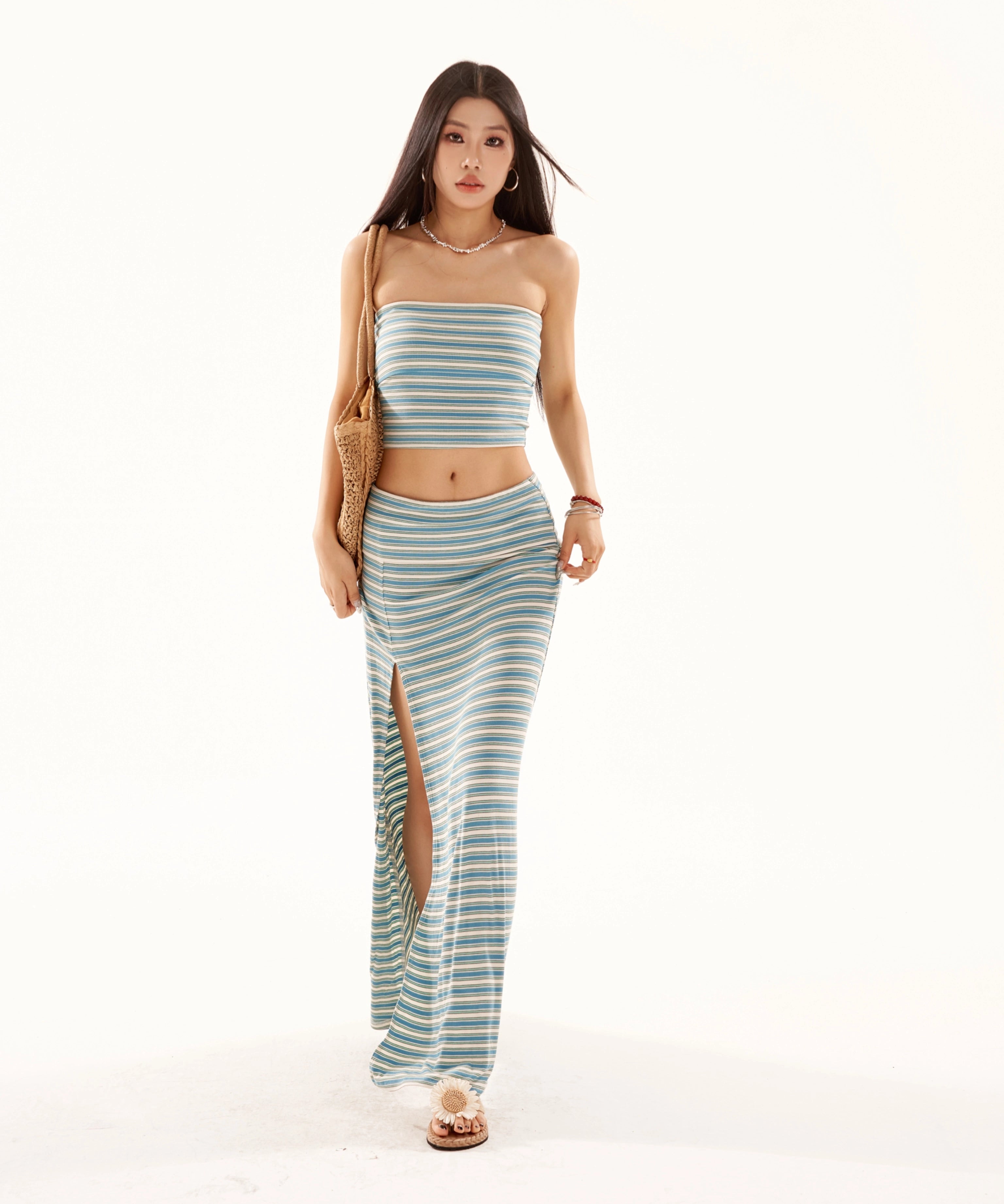 野生zero辣妹抹胸套装裙女夏季设计感小众条纹显瘦开叉直筒长裙子