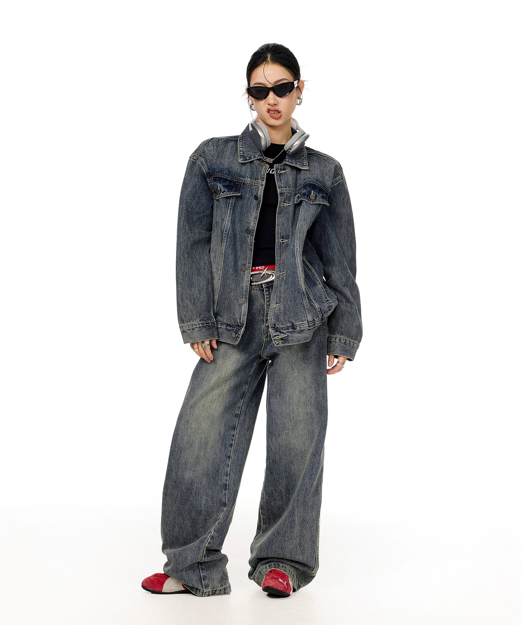 ICH MODE 美式复古水洗牛仔外套女秋冬翻领工装夹克宽松休闲上衣