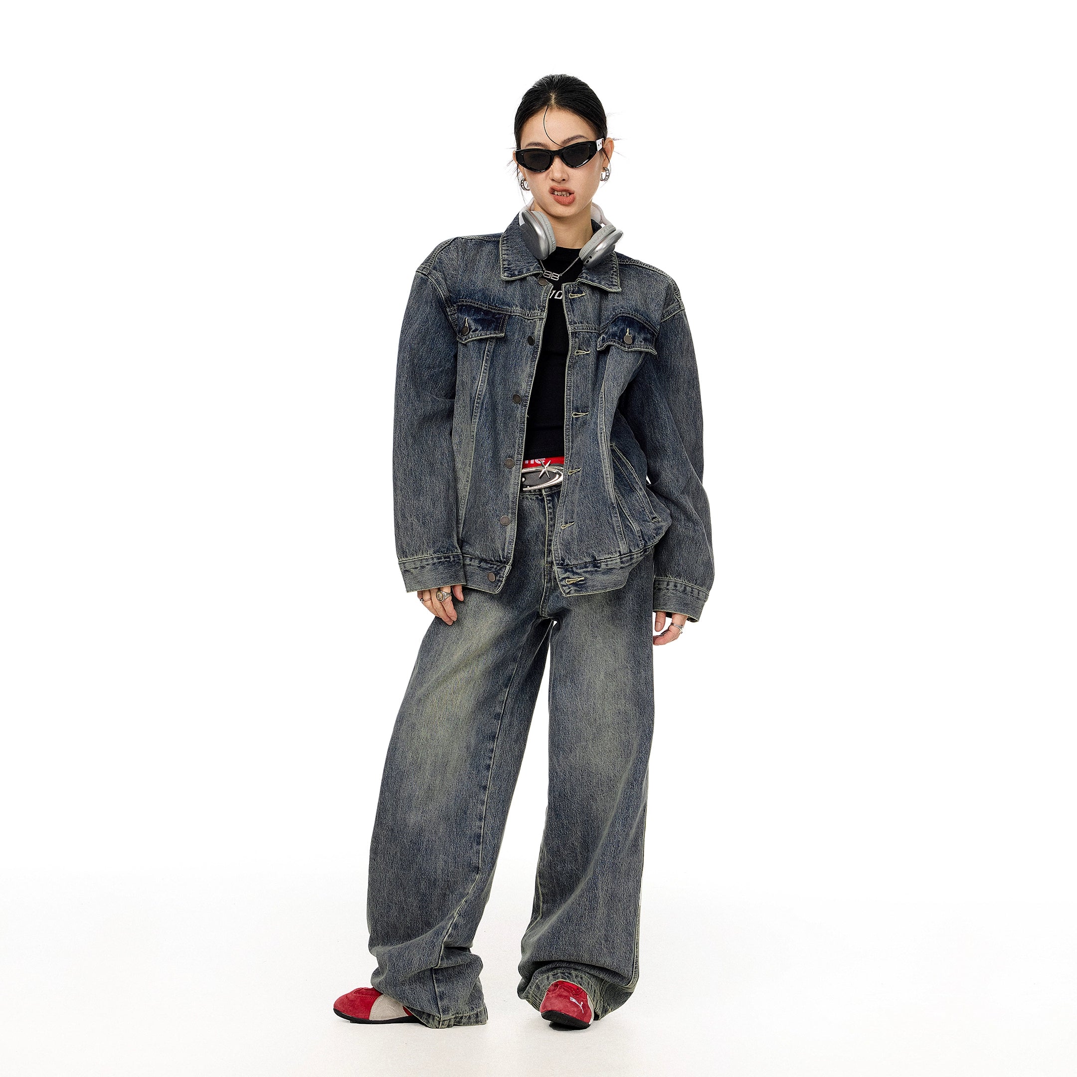 ICH MODE 美式复古水洗牛仔外套女秋冬翻领工装夹克宽松休闲上衣