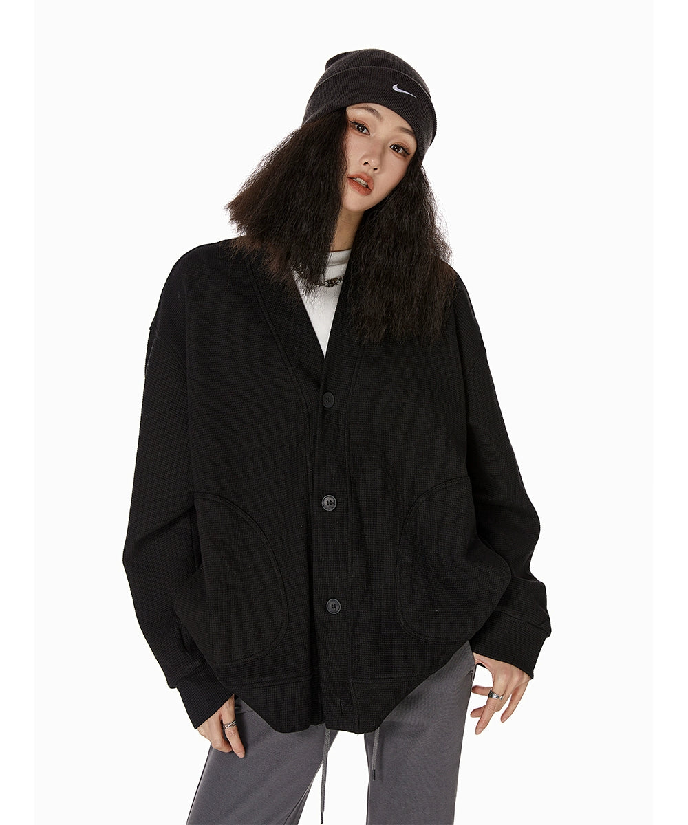 ICH MODE 慵懒风休闲卫衣开衫女复古街头高级质感华夫格外套夹克