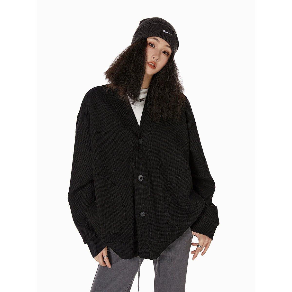 ICH MODE 慵懒风休闲卫衣开衫女复古街头高级质感华夫格外套夹克