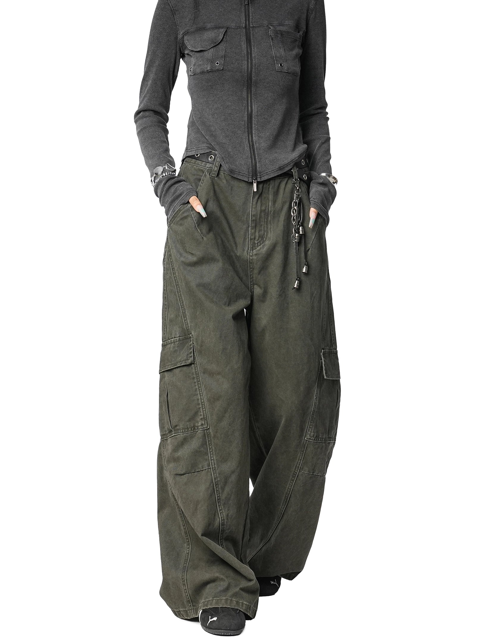 ICH MODE 美式复古宽松阔腿休闲裤女秋冬百搭直筒裤工装裤运动裤