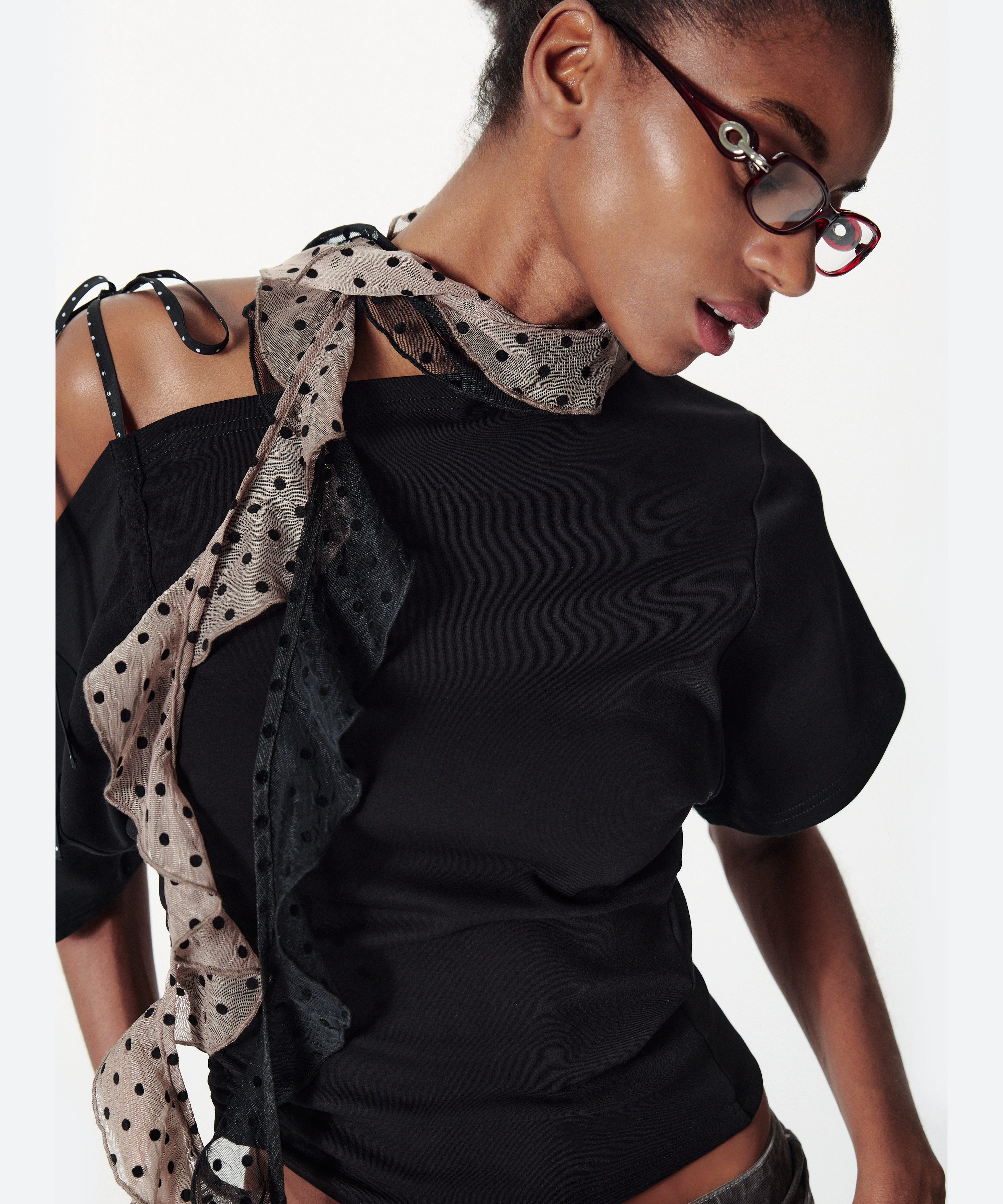 2th Desire斜肩撞色波点抽绳绑带拼接宽松蝙蝠袖柔软T恤上衣女