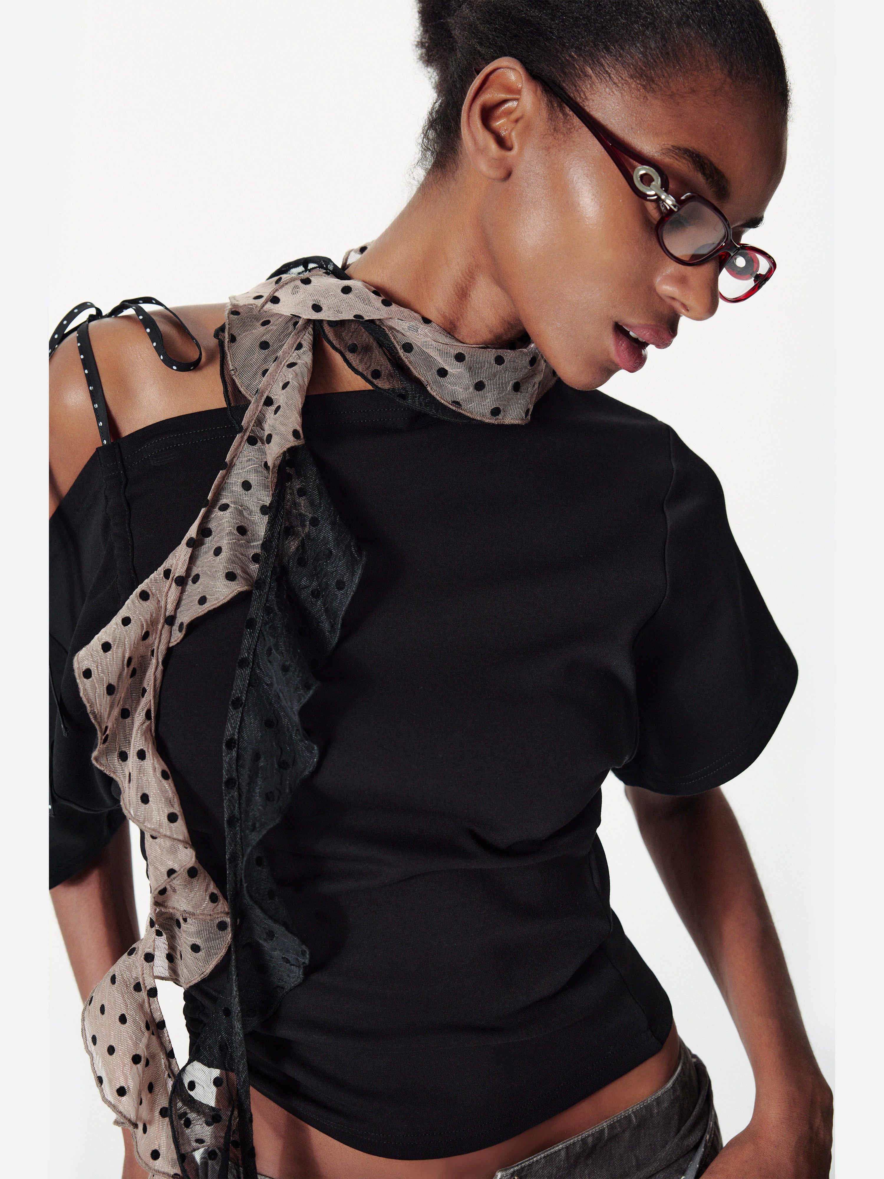 2th Desire斜肩撞色波点抽绳绑带拼接宽松蝙蝠袖柔软T恤上衣女