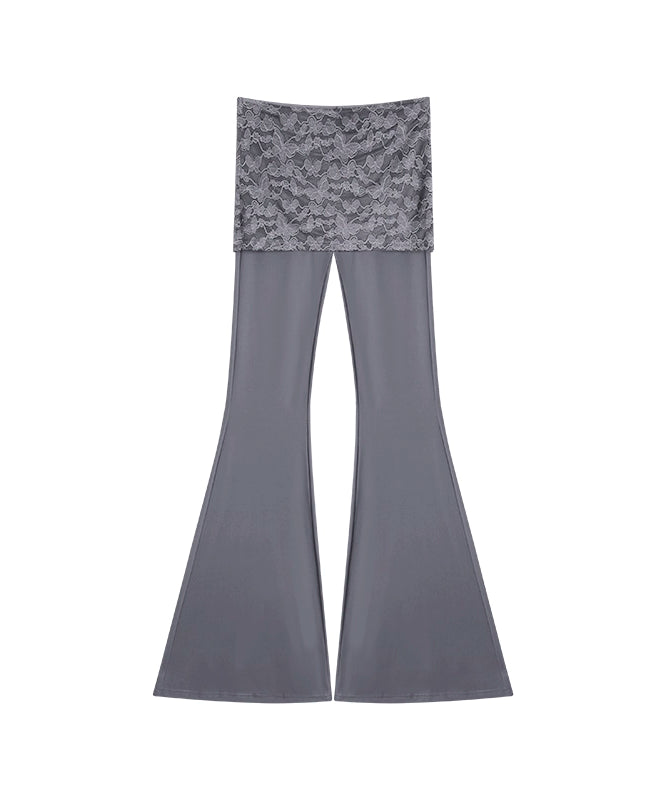 野生zero黑灰绿色喇叭裤女春夏季修身显瘦假两件蕾丝休闲瑜伽裤子