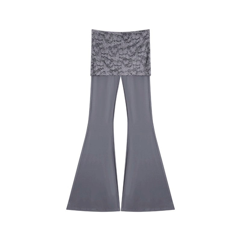 野生zero黑灰绿色喇叭裤女春夏季修身显瘦假两件蕾丝休闲瑜伽裤子