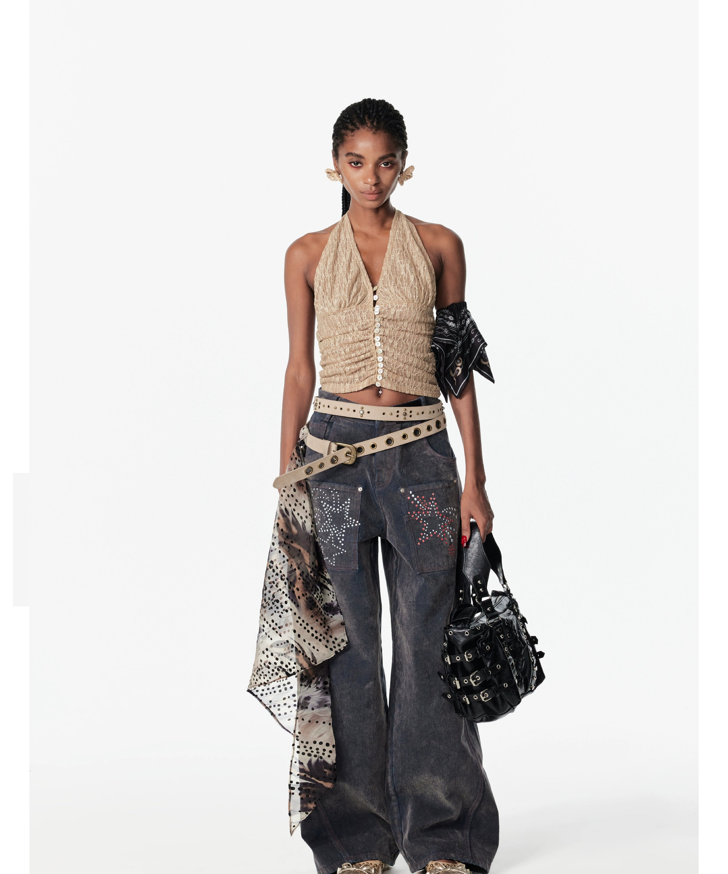 2th Desire亮闪肌理不规则豹纹褶皱贝壳扣辣妹背心吊带挂脖上衣女