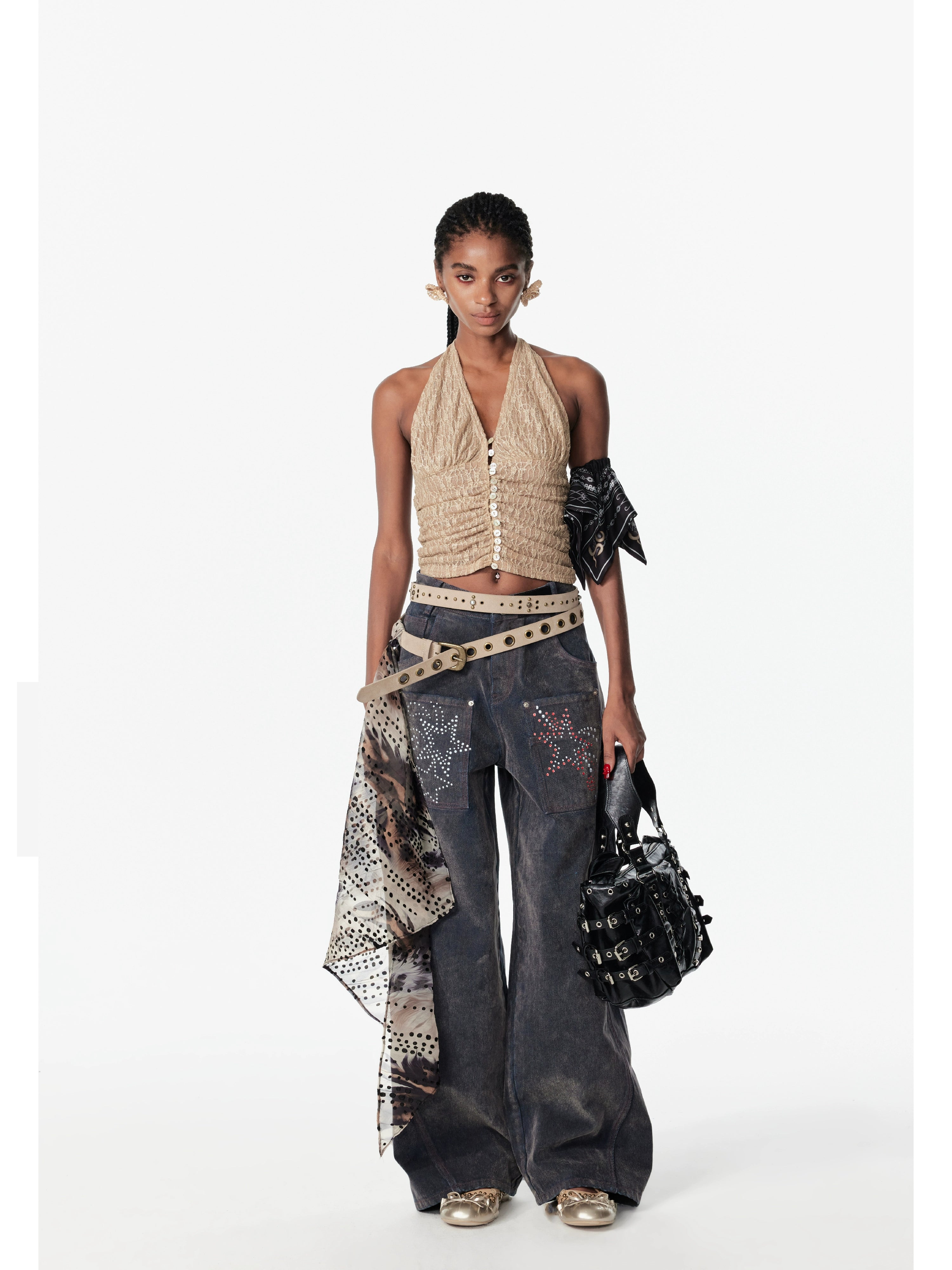 2th Desire亮闪肌理不规则豹纹褶皱贝壳扣辣妹背心吊带挂脖上衣女