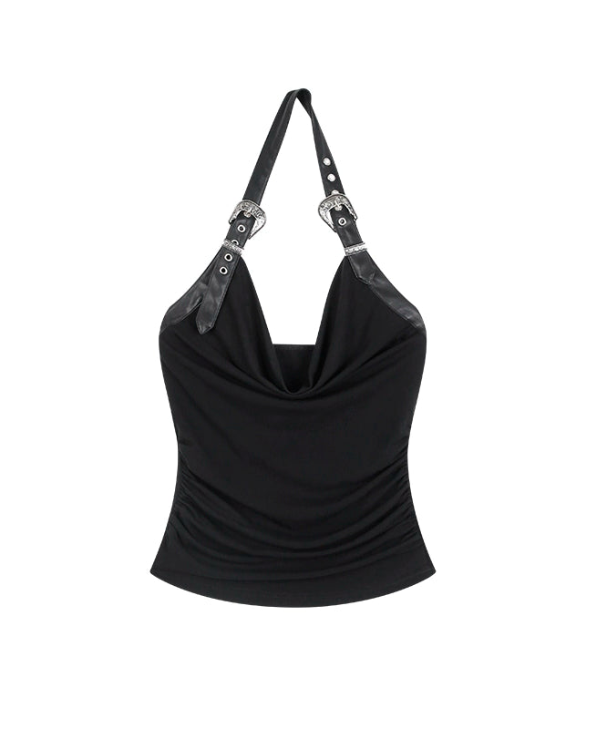 野生zero黑色无袖挂脖背心女夏季外穿设计感小众辣妹修身荡领上衣