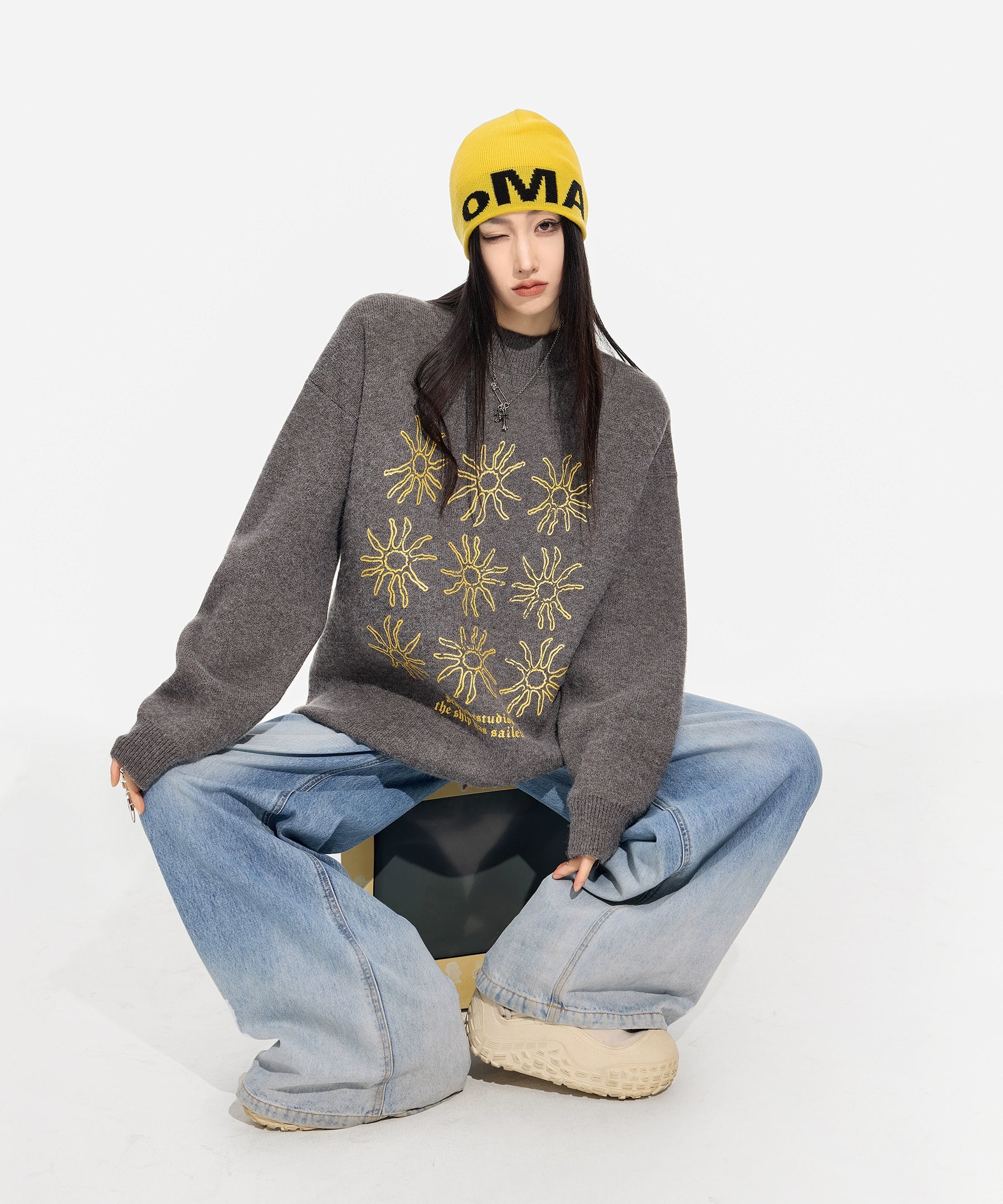 ICH MODE 美式复古太阳花圆领毛衣女秋冬季慵懒高级感长袖针织衫