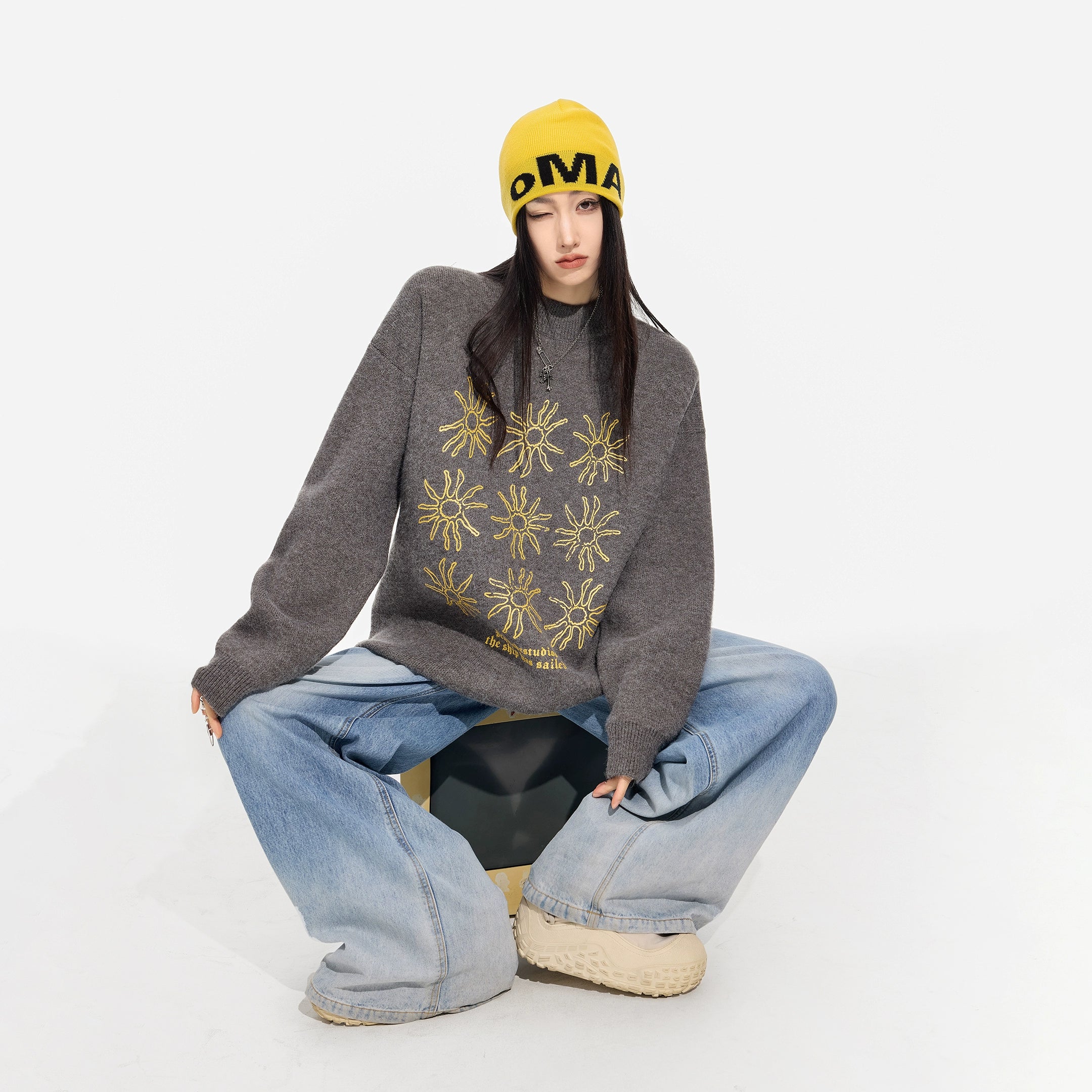 ICH MODE 美式复古太阳花圆领毛衣女秋冬季慵懒高级感长袖针织衫