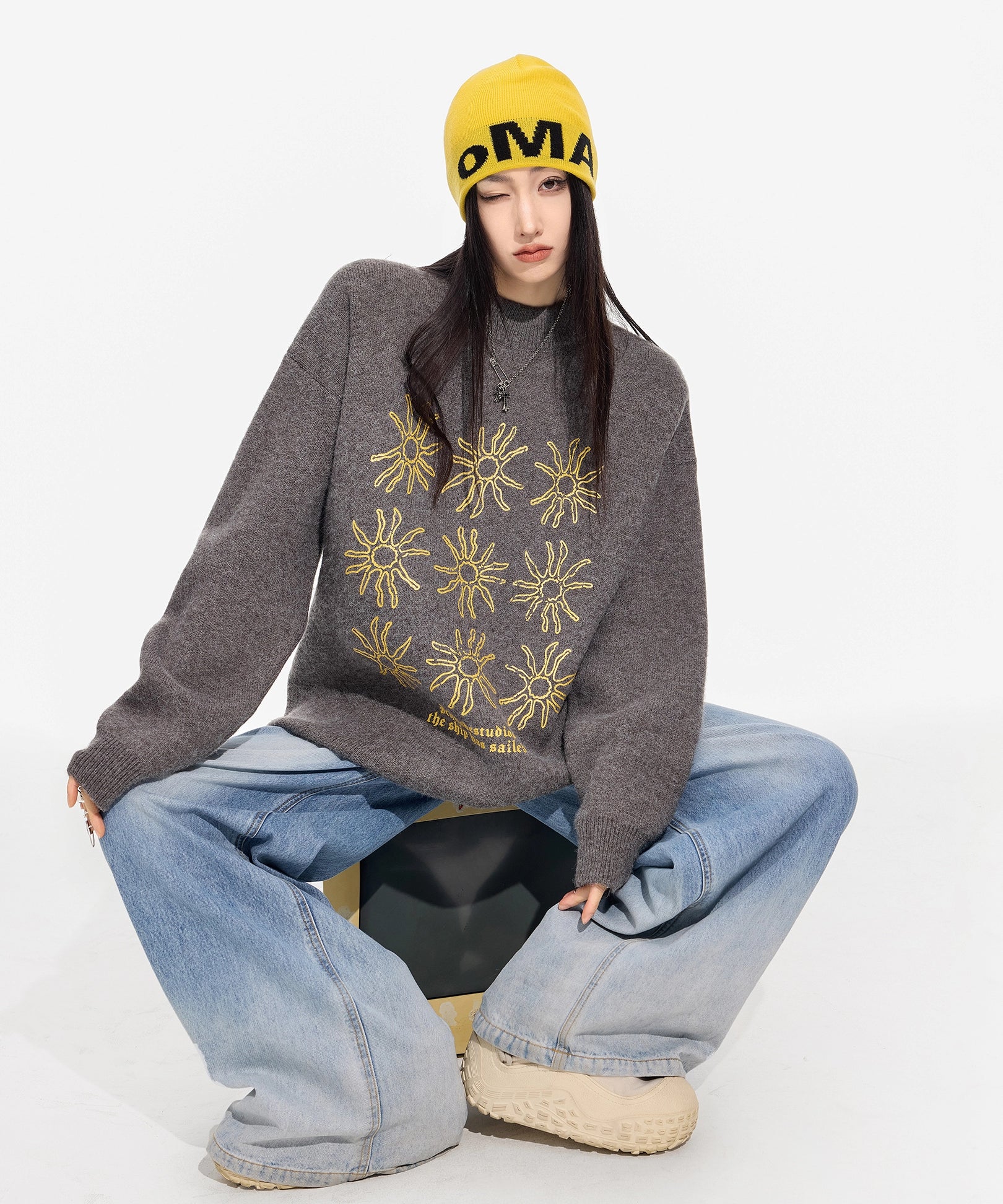 ICH MODE 美式复古太阳花圆领毛衣女秋冬季慵懒高级感长袖针织衫