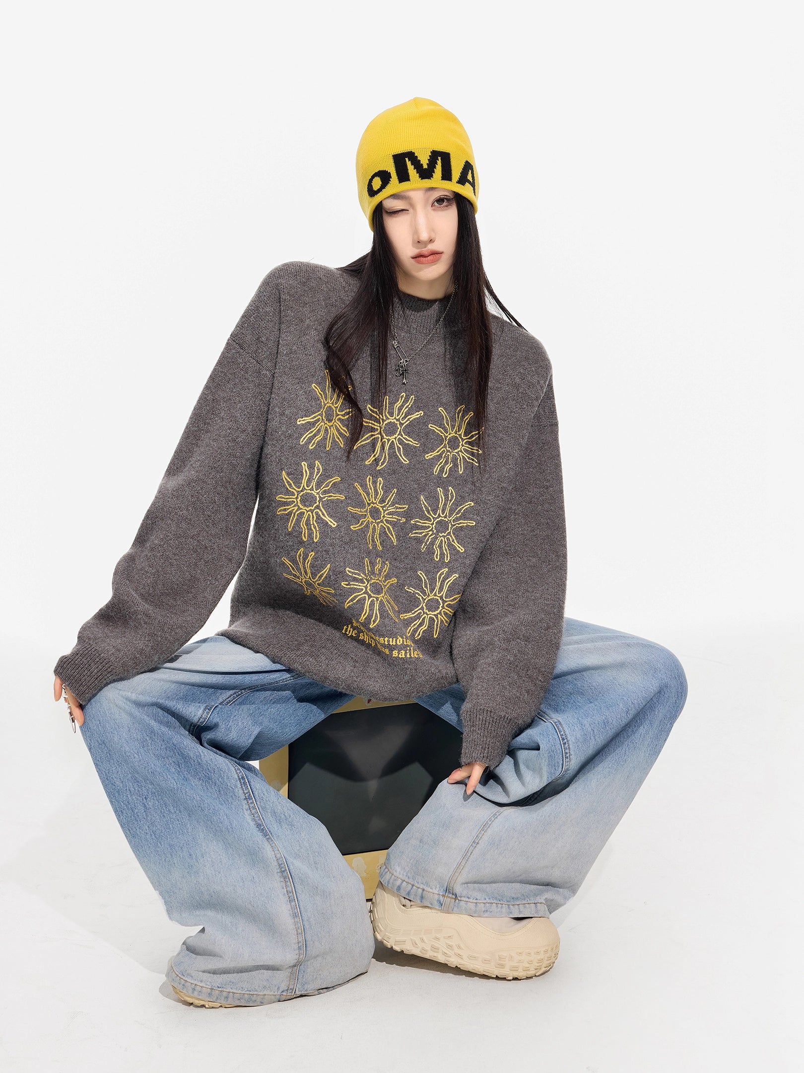 ICH MODE 美式复古太阳花圆领毛衣女秋冬季慵懒高级感长袖针织衫