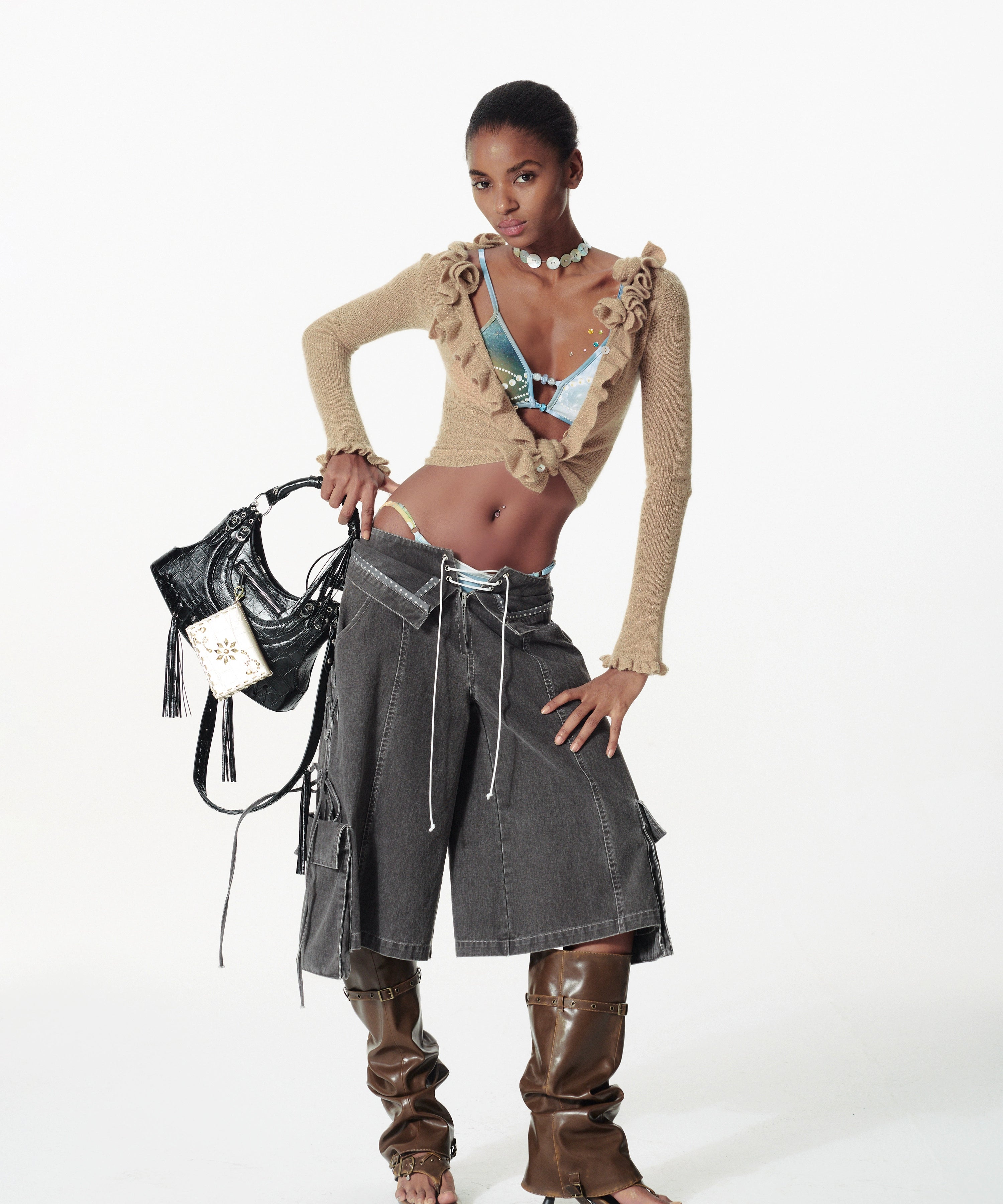 2th Desire海岛度假珍珠印花拼珠绑带撞色泳衣辣妹比基尼泳衣套装