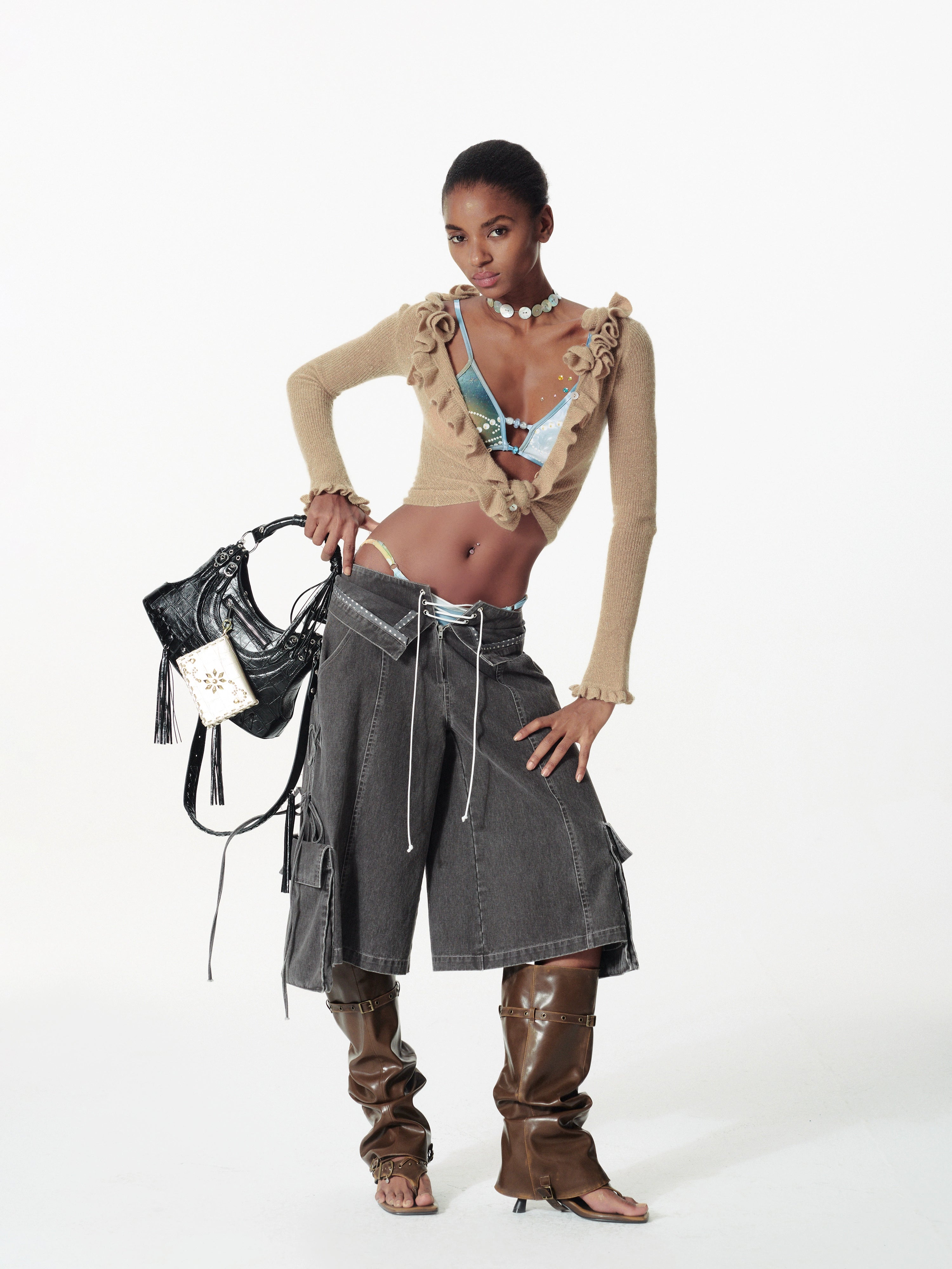 2th Desire海岛度假珍珠印花拼珠绑带撞色泳衣辣妹比基尼泳衣套装