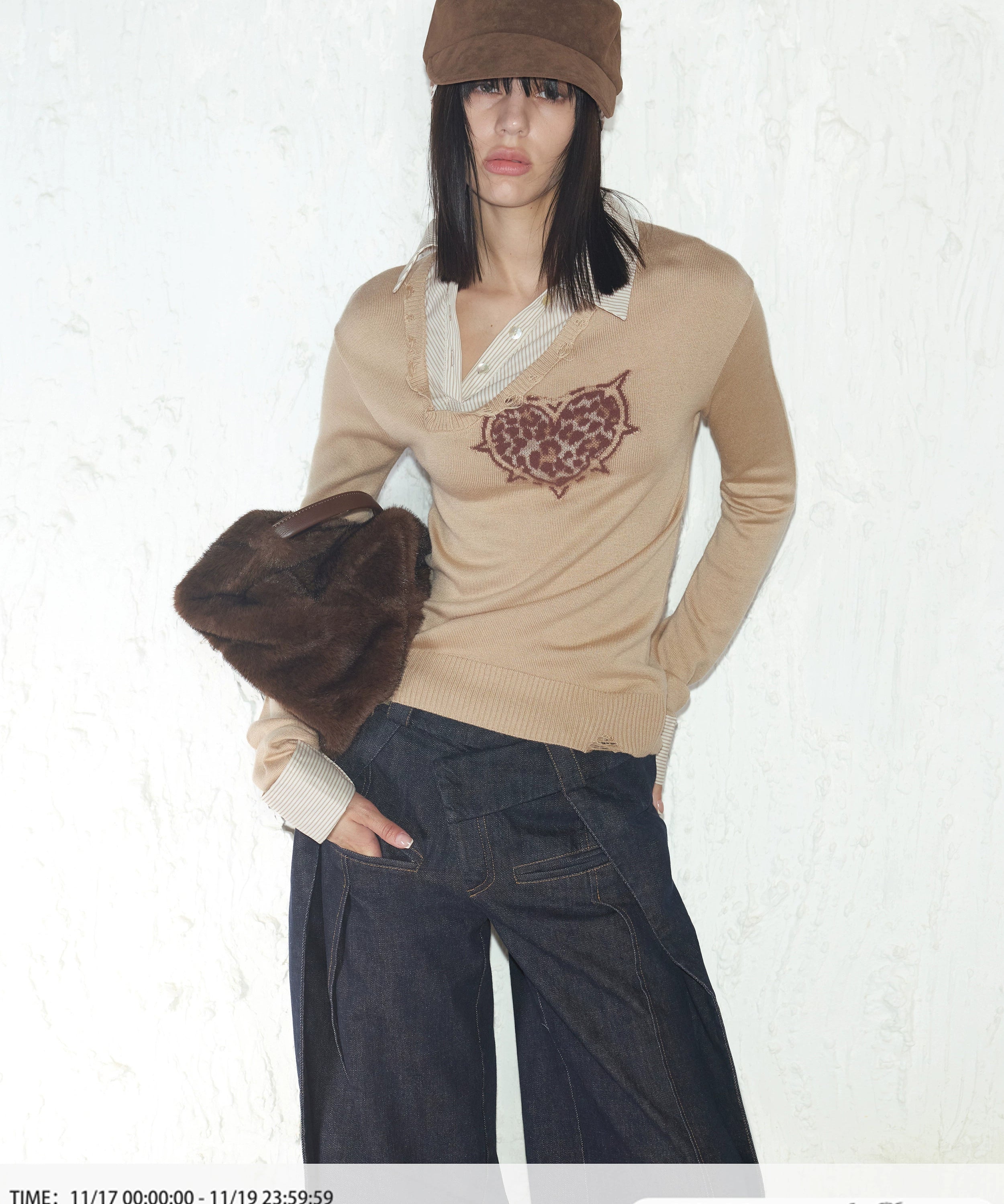 2th Desire时髦复古爱心豹纹假两件拼接撞色条纹毛衣针织衫上衣