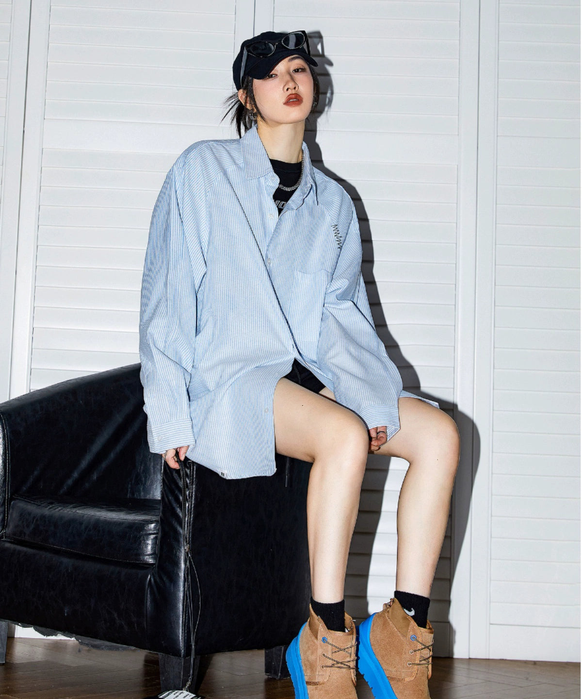 ICH MODE 美式复古条纹蓝色衬衫女秋2025新款宽松衬衣外套上衣