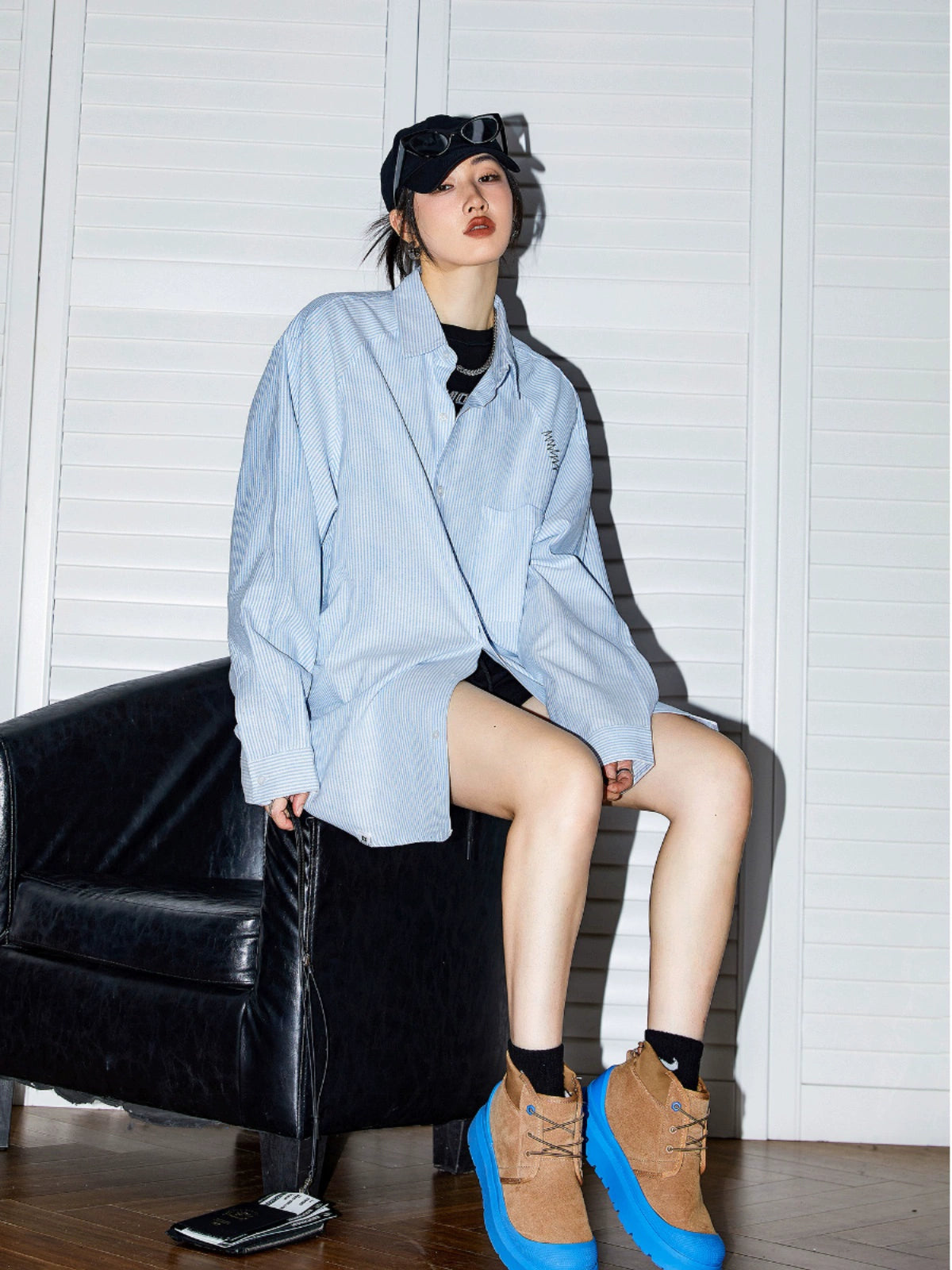 ICH MODE 美式复古条纹蓝色衬衫女秋2025新款宽松衬衣外套上衣