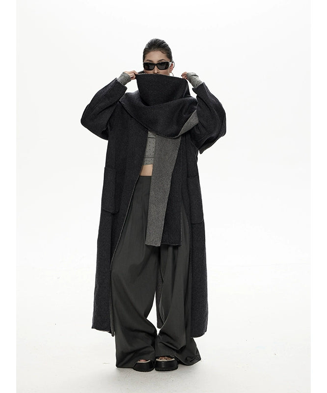 野生zero撞色长款廓形毛呢外套女秋冬新款设计感小众宽松加厚大衣