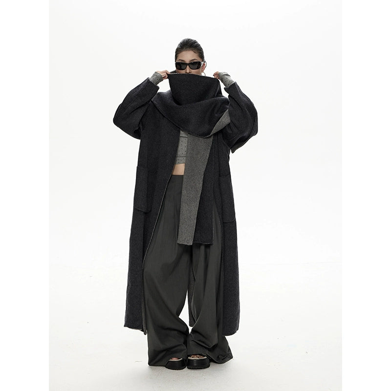 野生zero撞色长款廓形毛呢外套女秋冬新款设计感小众宽松加厚大衣