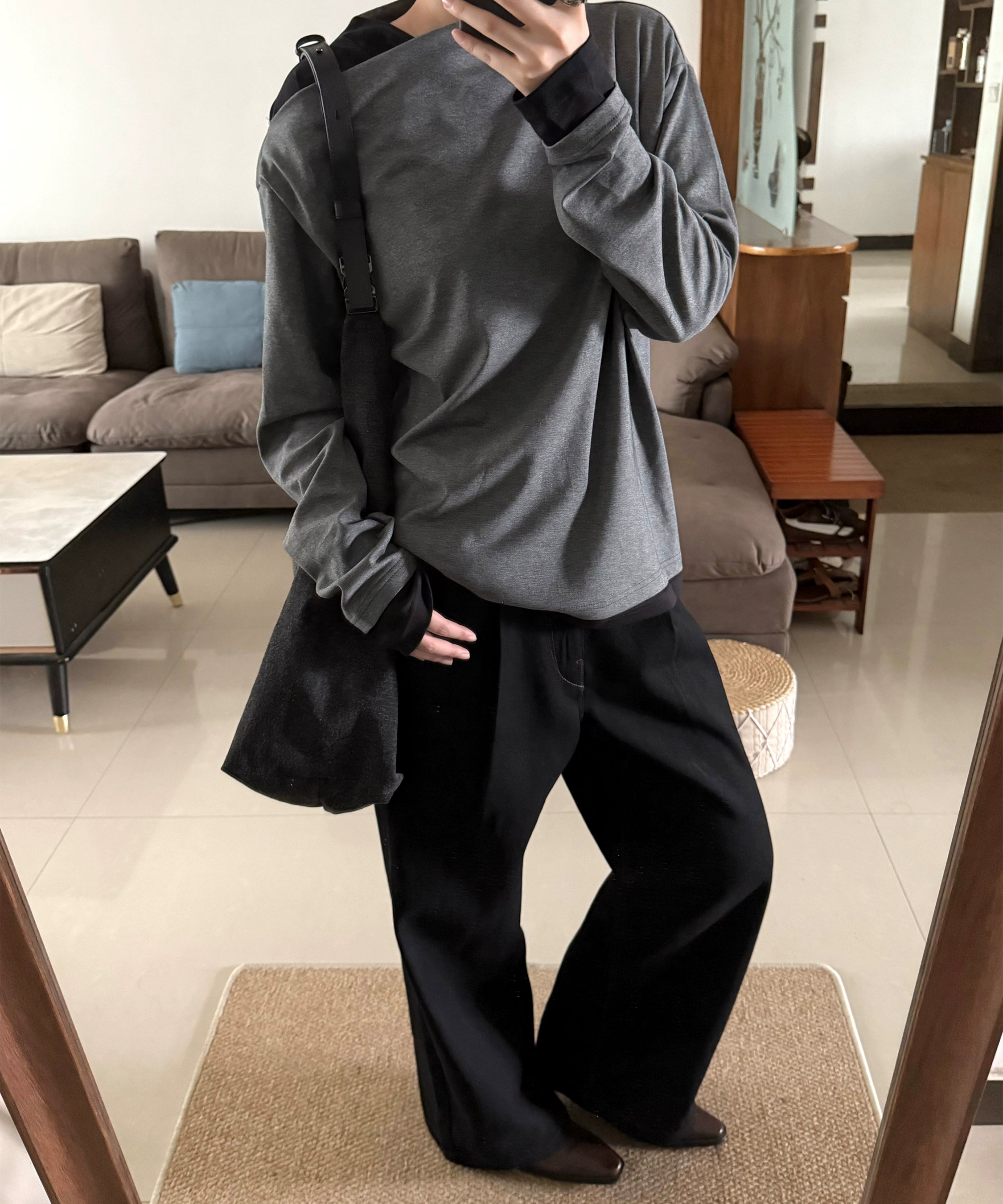 假两件棉氨柔软黑灰拼接斜领长袖打底通勤百搭TERRAINCOGNITA25AW