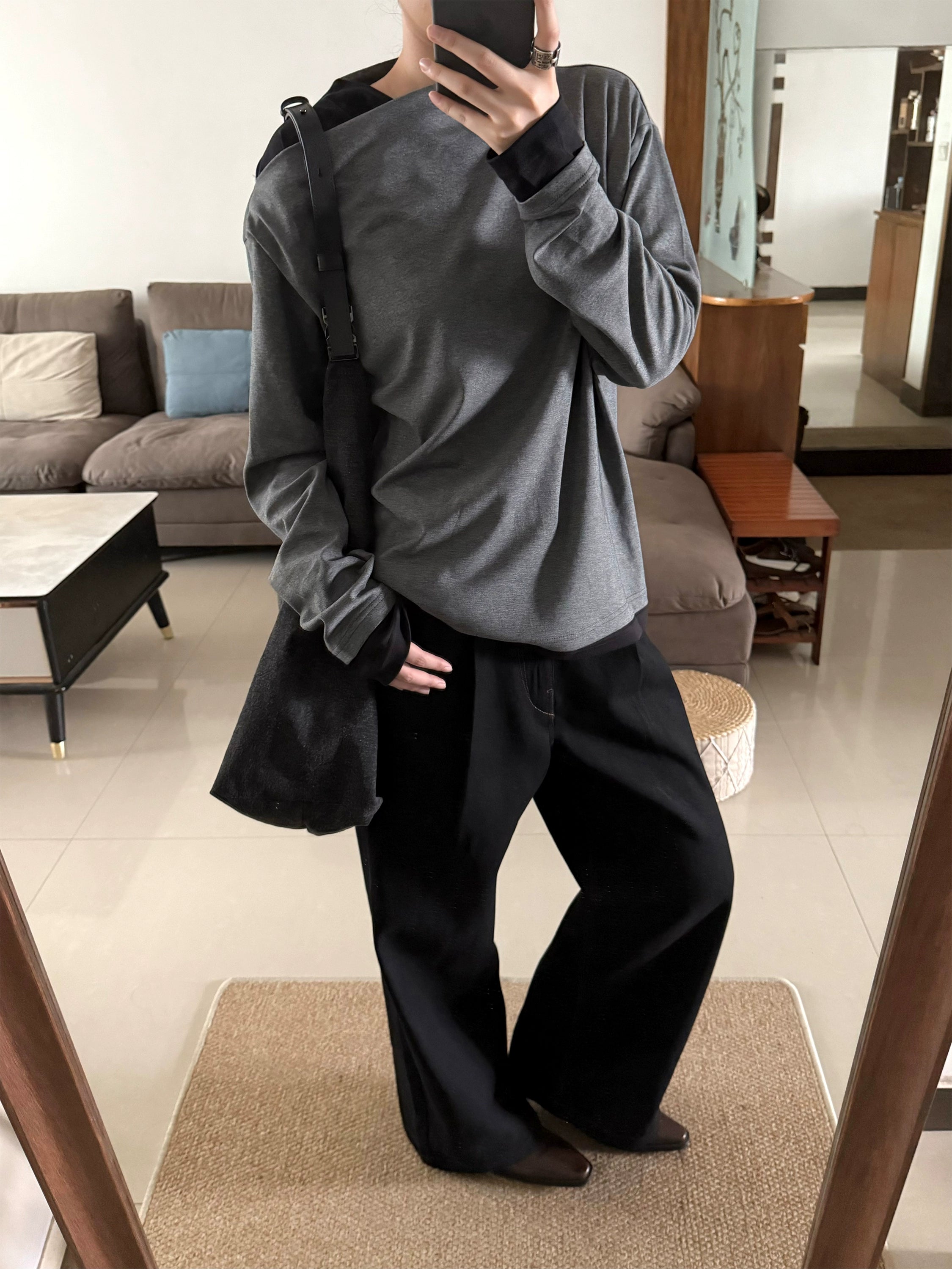 假两件棉氨柔软黑灰拼接斜领长袖打底通勤百搭TERRAINCOGNITA25AW