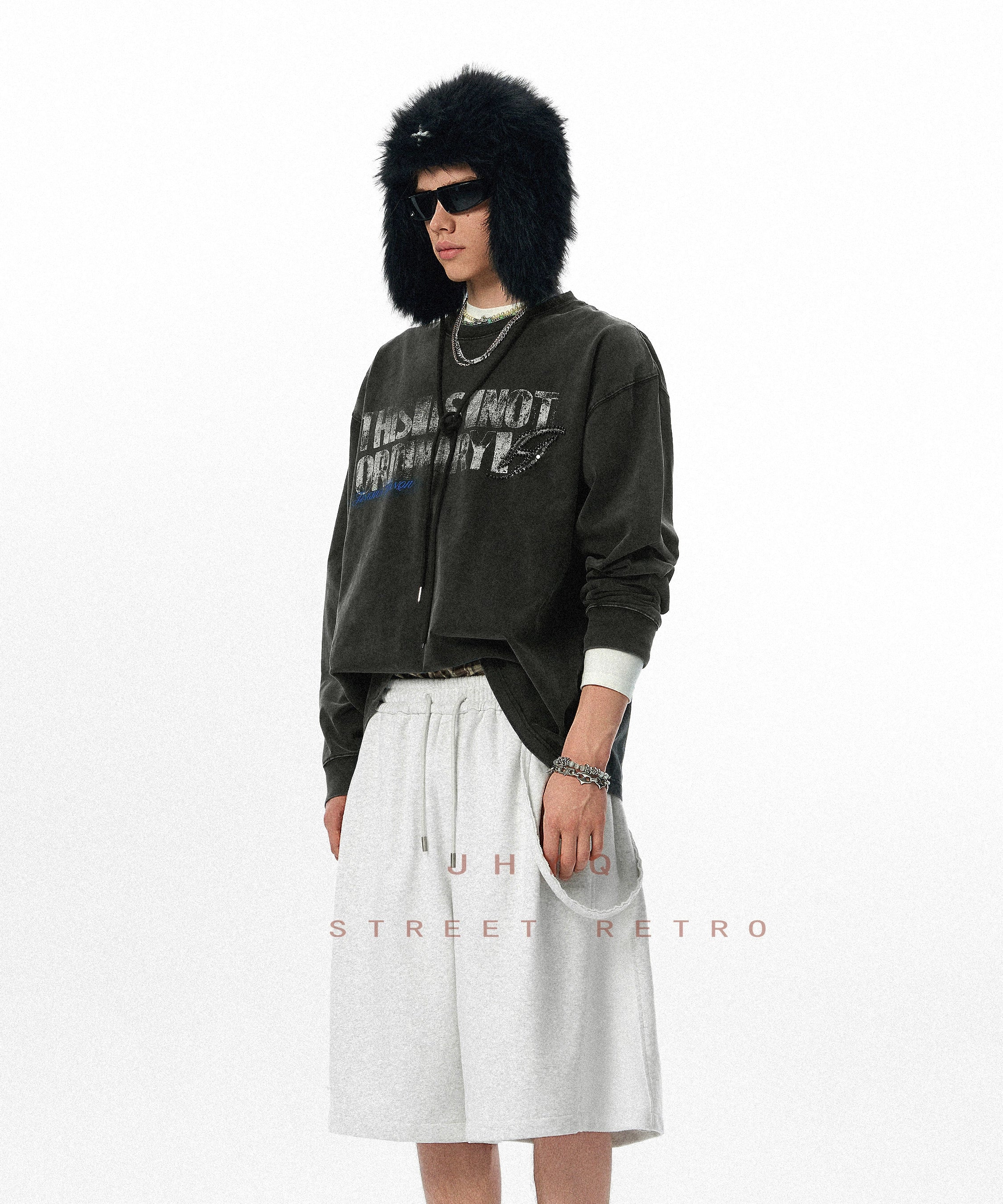 水洗系列丨JHYQ美式重磅320g长袖T恤男打钉宽松做旧字母印花卫衣