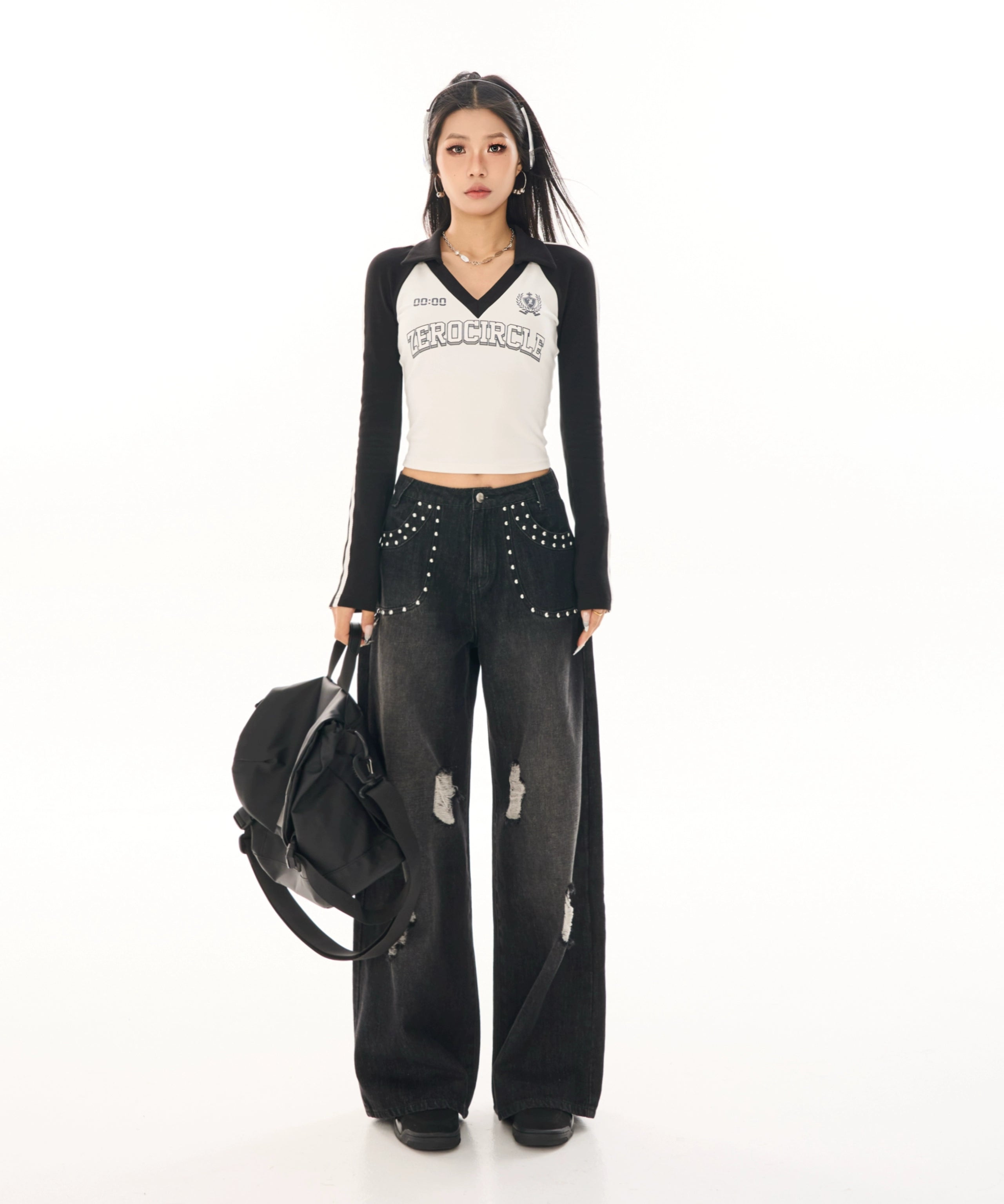 野生zerocircle拼色插肩袖t恤女春季辣妹修身显瘦印花短款v领上衣