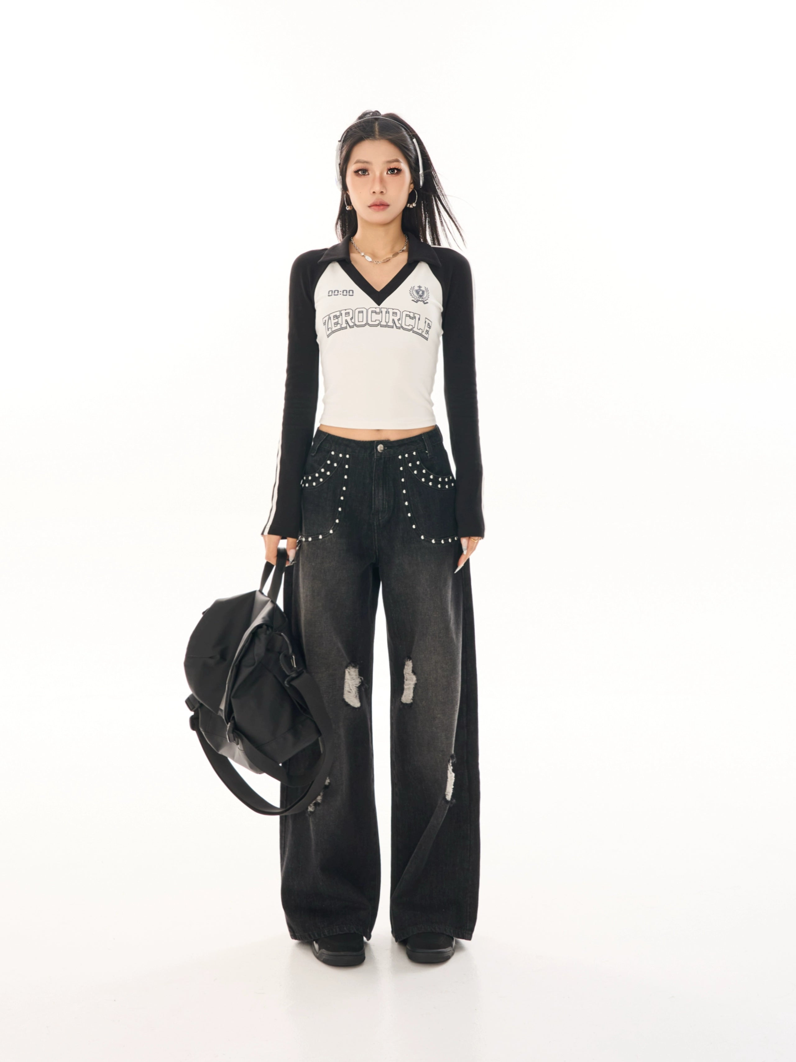 野生zerocircle拼色插肩袖t恤女春季辣妹修身显瘦印花短款v领上衣