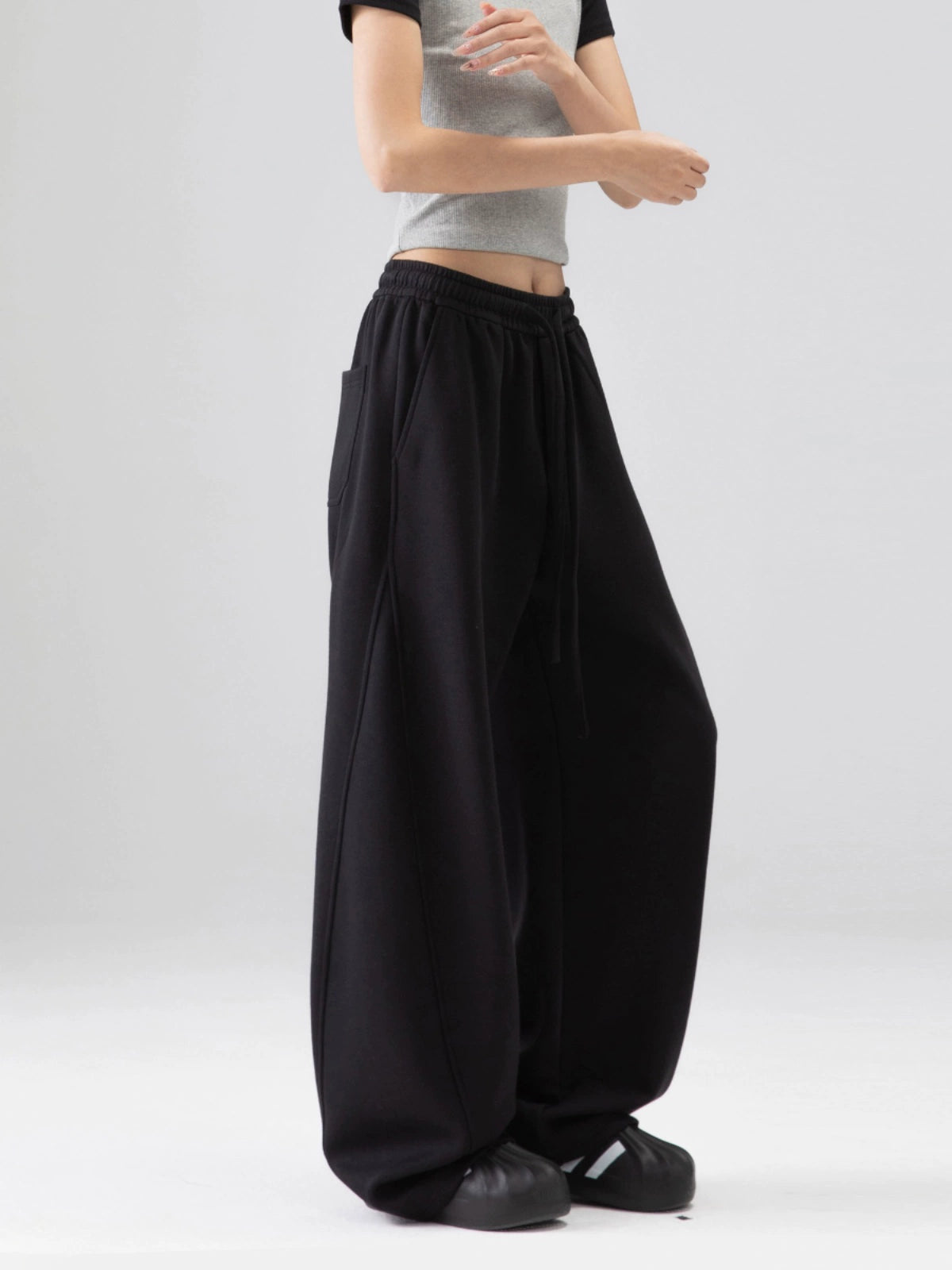 ICH MODE 美式加绒卫裤运动裤女秋冬新款宽松阔腿休闲裤弯刀裤子