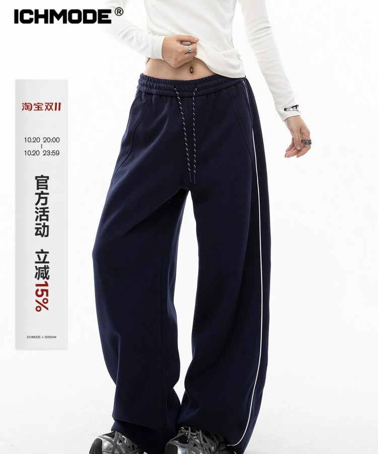 ICH MODE 美式复古条纹休闲裤女直筒宽松阔腿裤运动裤百搭卫裤