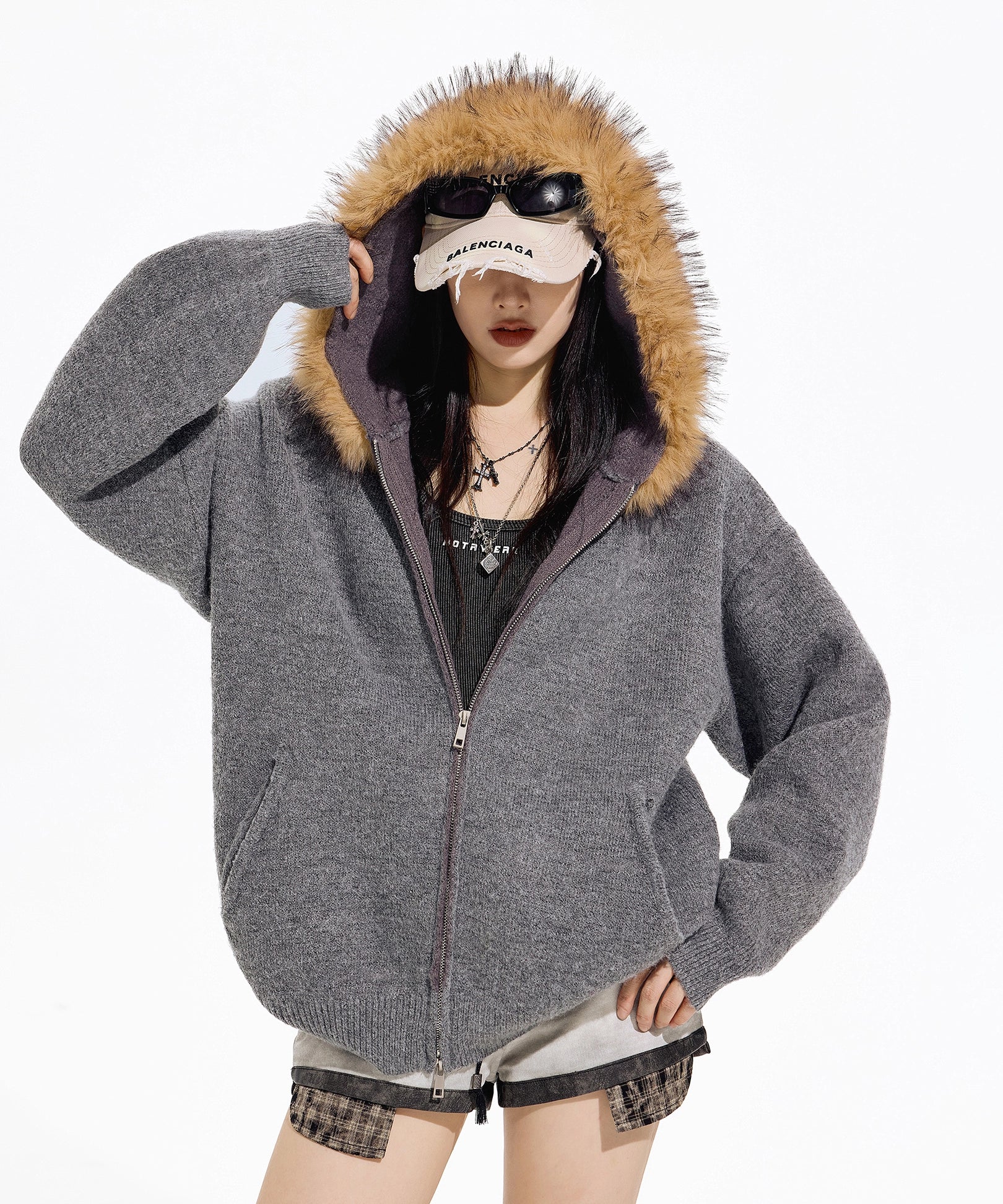 ICH MODE 美式可拆卸毛领黄色针织开衫女秋冬季宽松慵懒毛衣外套