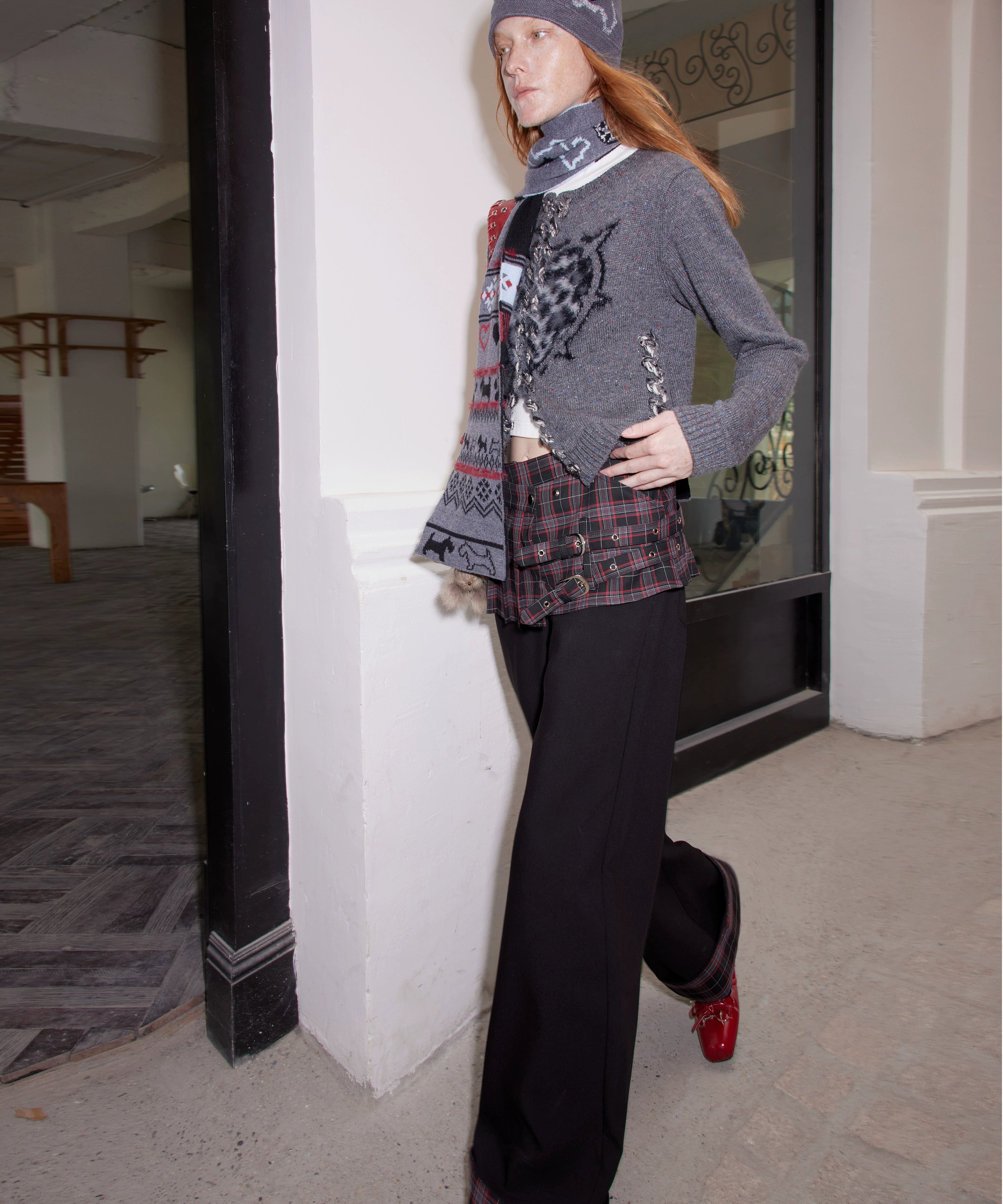 2th Desire复古格纹朋克拼接感撞色弯刀西裤女秋冬可拆卸罩裙裙裤