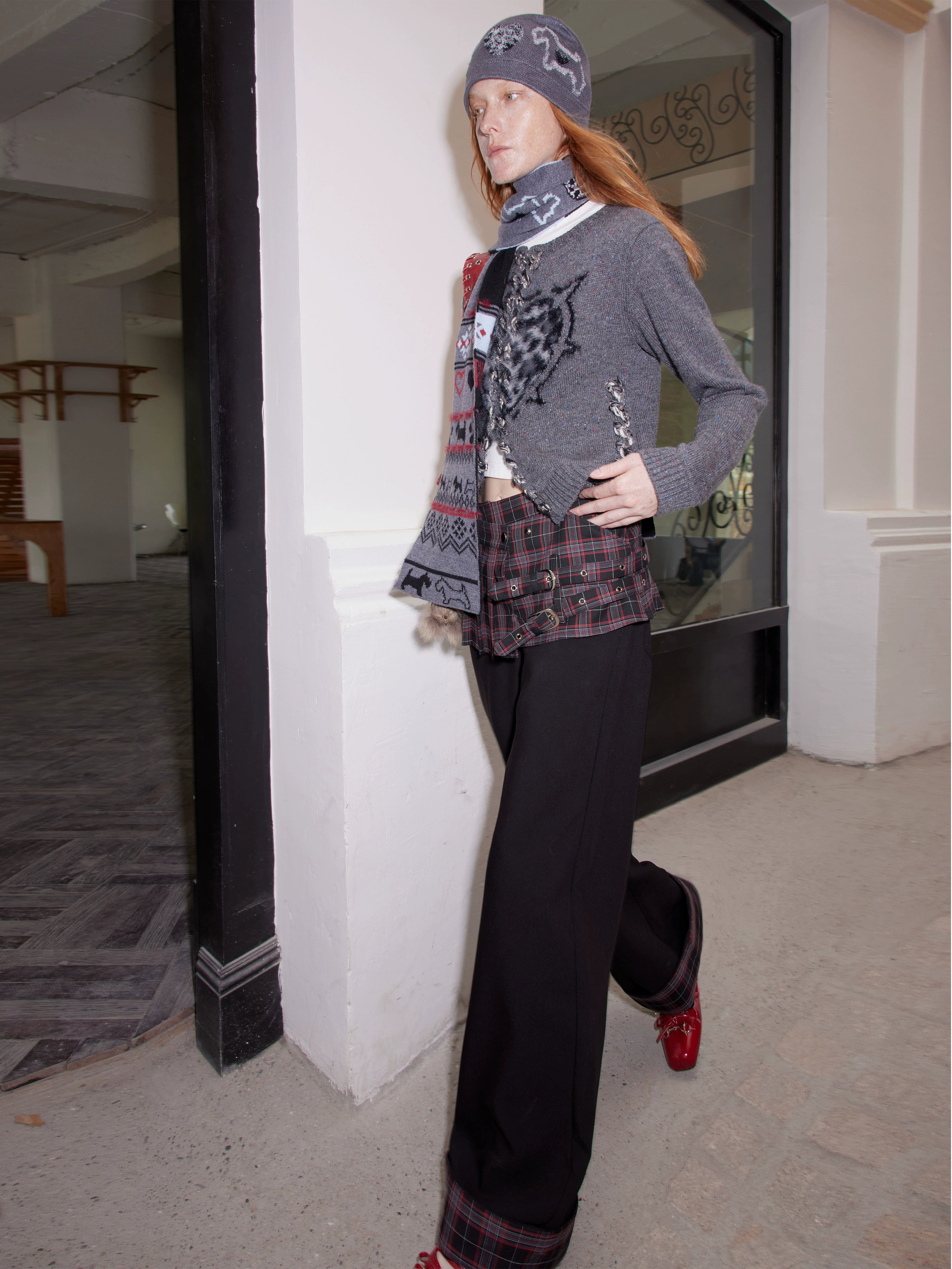 2th Desire复古格纹朋克拼接感撞色弯刀西裤女秋冬可拆卸罩裙裙裤