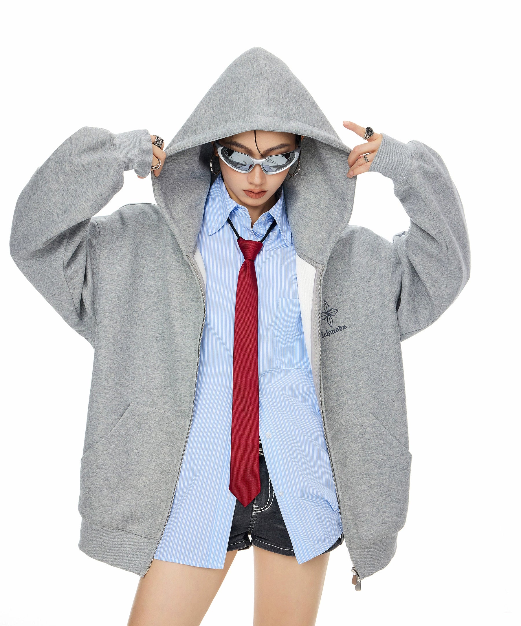 ICH MODE 美式复古哥特十字连帽卫衣外套女秋冬季双拉链开衫上衣