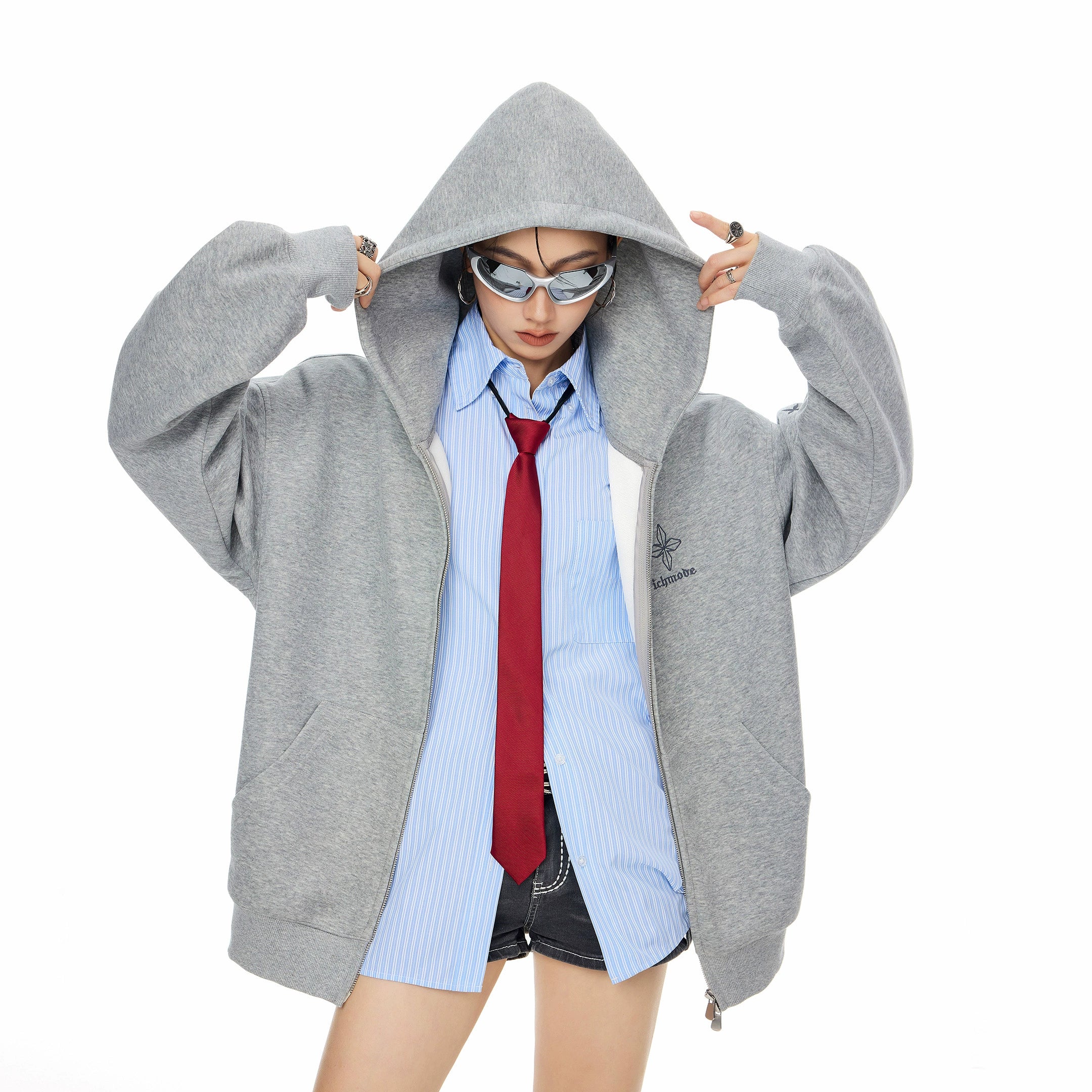 ICH MODE 美式复古哥特十字连帽卫衣外套女秋冬季双拉链开衫上衣