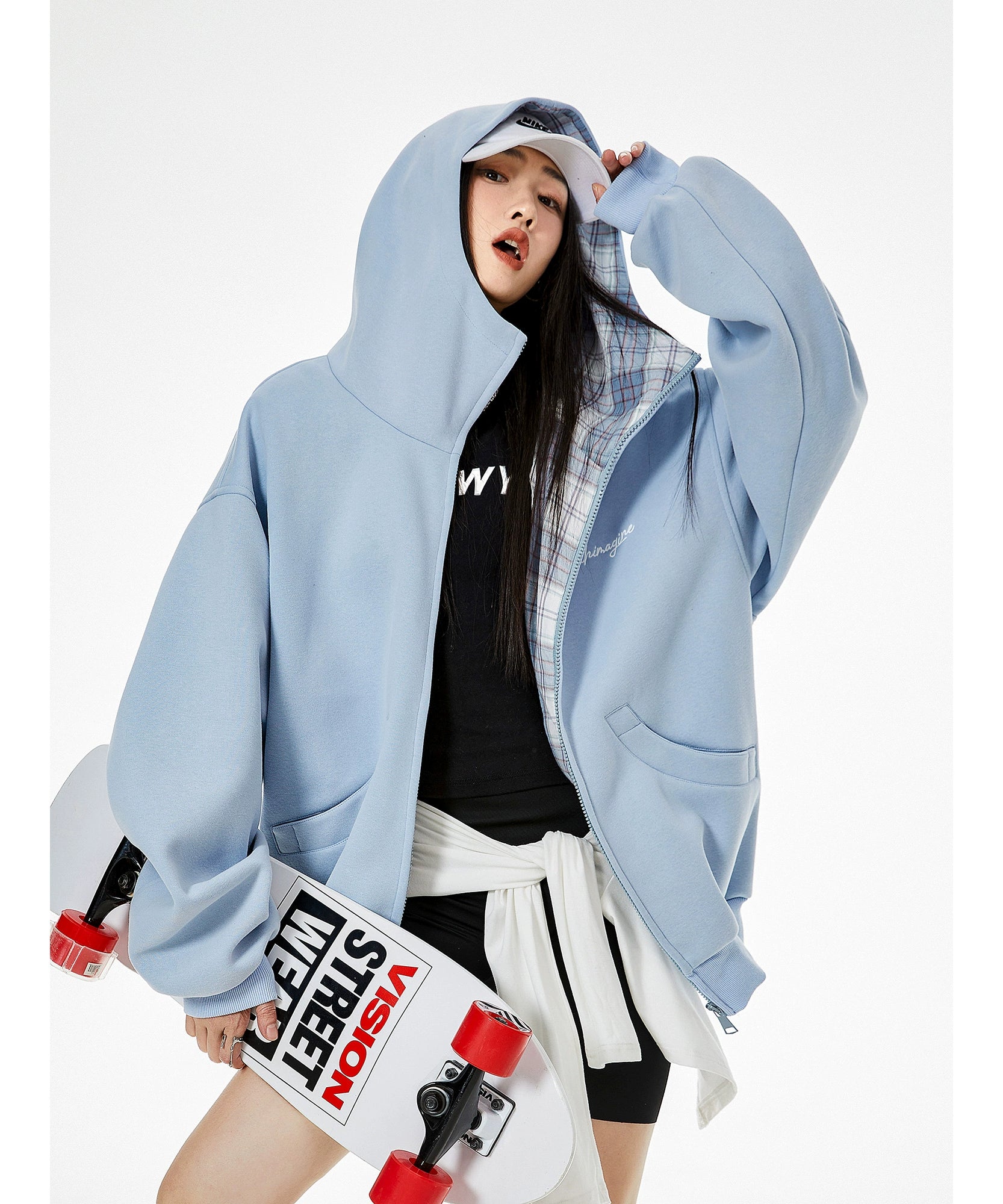 ICH MODE 明星同款 美式格子拼接卫衣外套女秋冬季运动开衫上衣