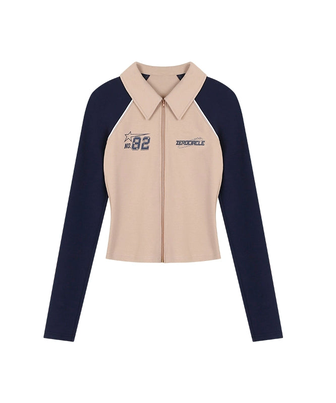 野生zerocircle撞色短款翻领插肩长袖上衣女春季辣妹修身显瘦开衫