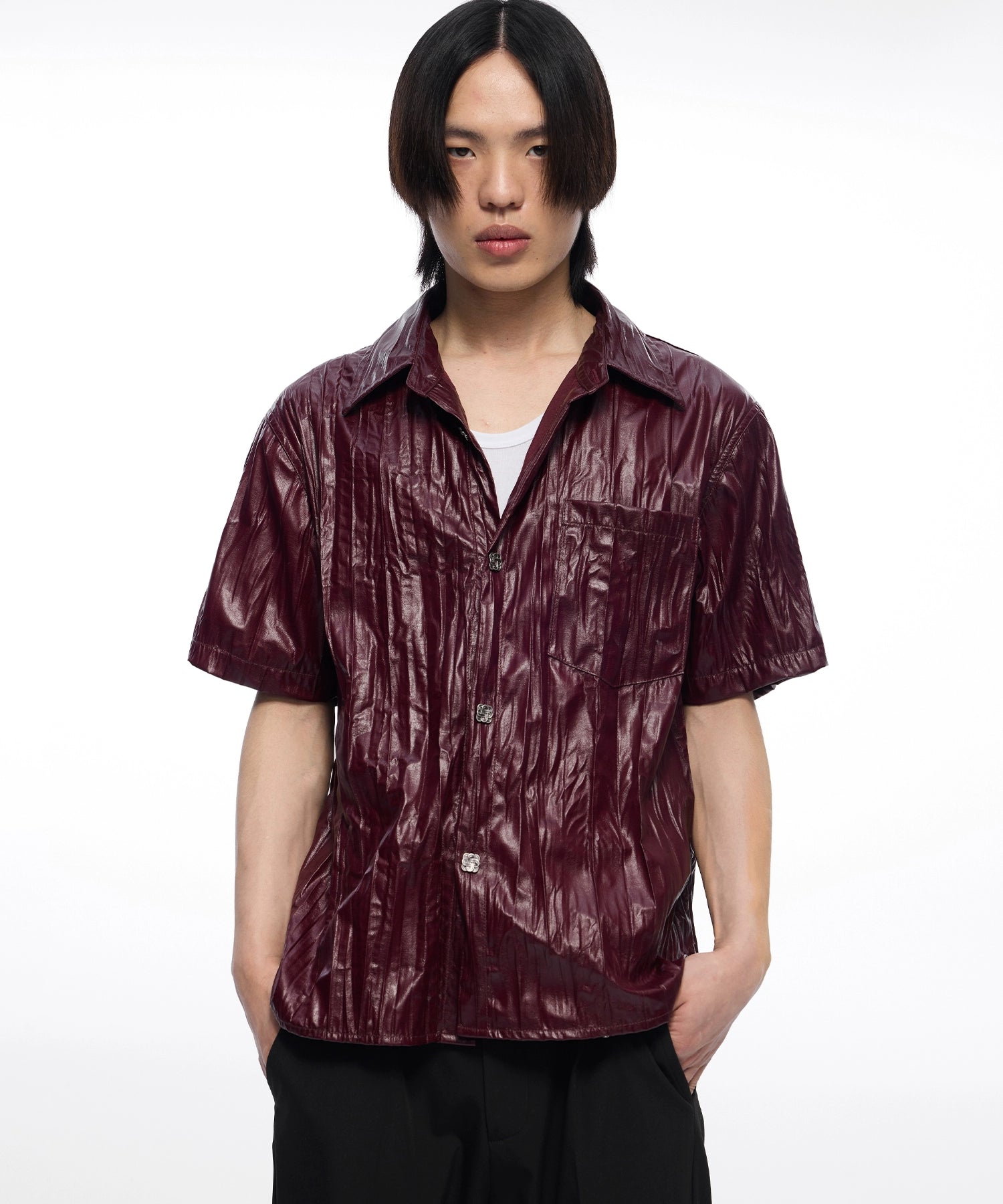 皮感肌理褶皱短袖衬衫定制金属纽扣boxy版型男TERRAINCOGNITA24SS