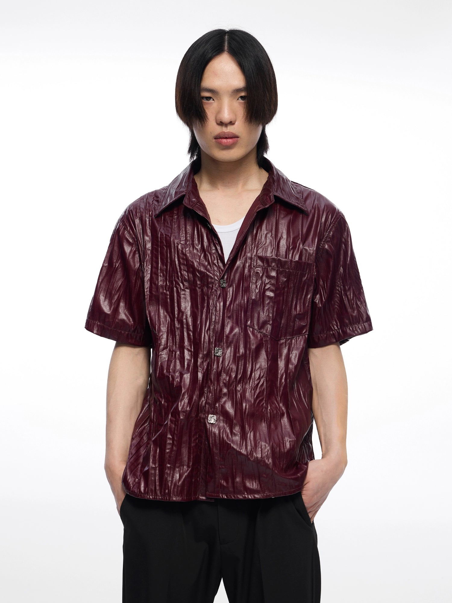 皮感肌理褶皱短袖衬衫定制金属纽扣boxy版型男TERRAINCOGNITA24SS