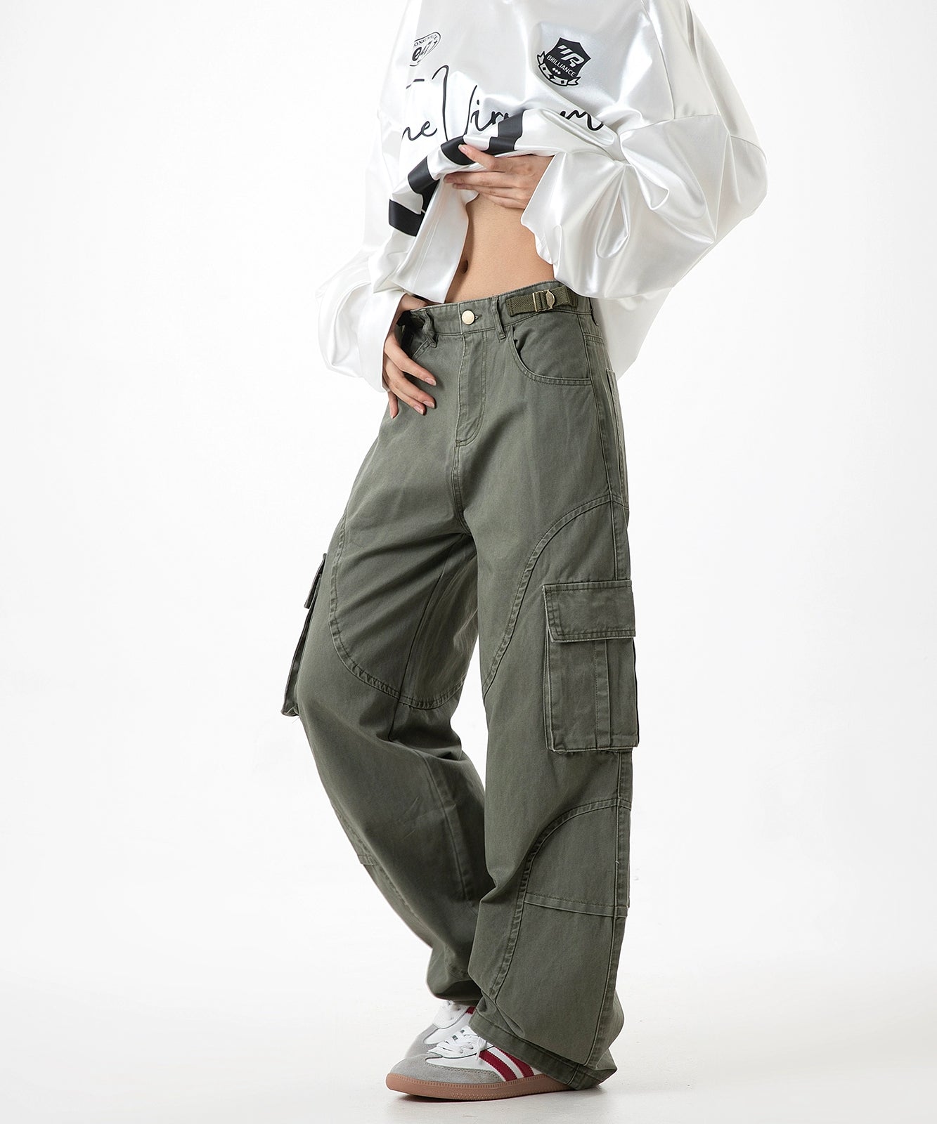ICH MODE 美式复古口袋工装裤女宽松直筒阔腿运动休闲裤2025新款