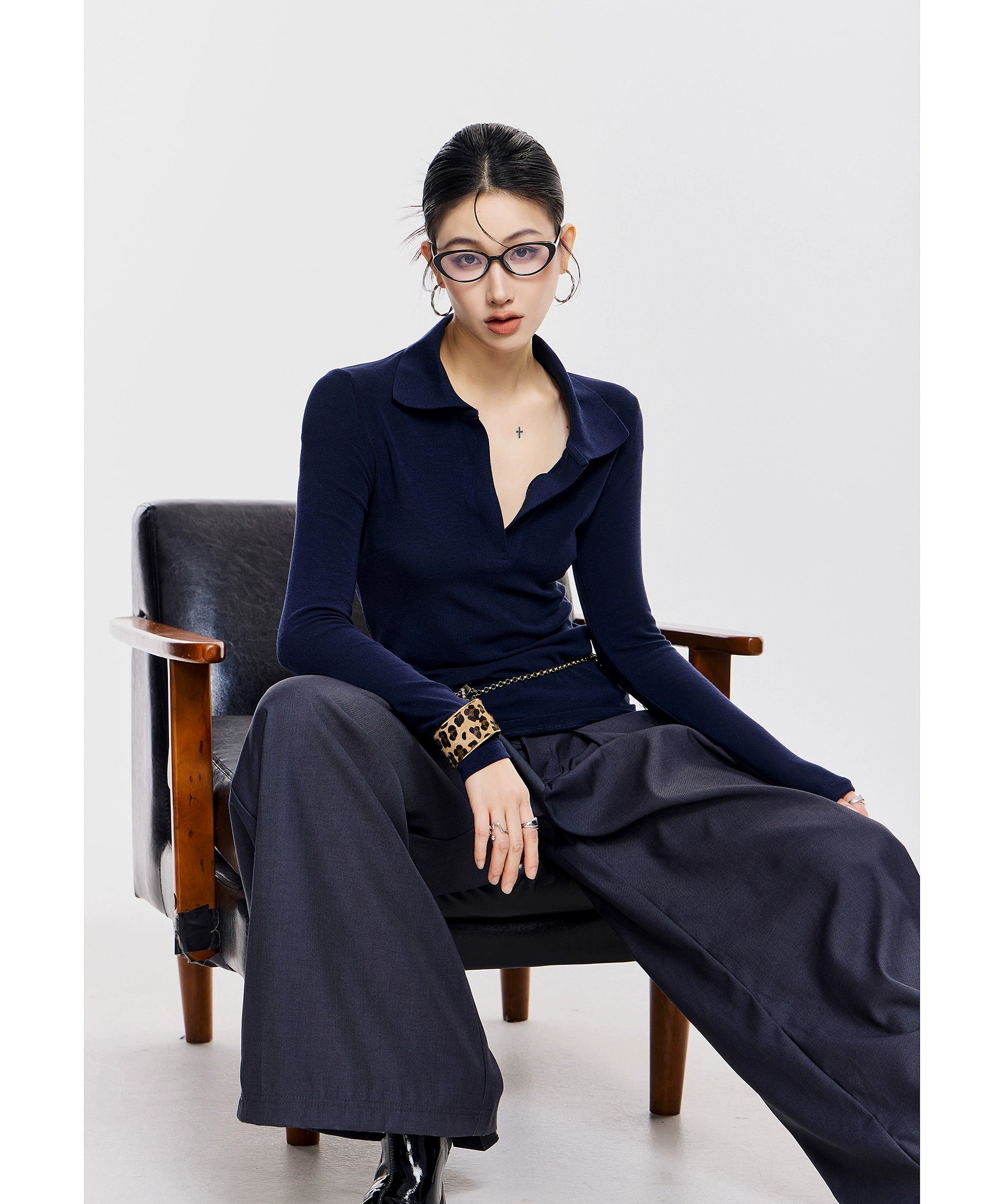 ICH MODE 美式POLO领针织长袖T恤女新款秋冬季修身上衣内搭打底衫