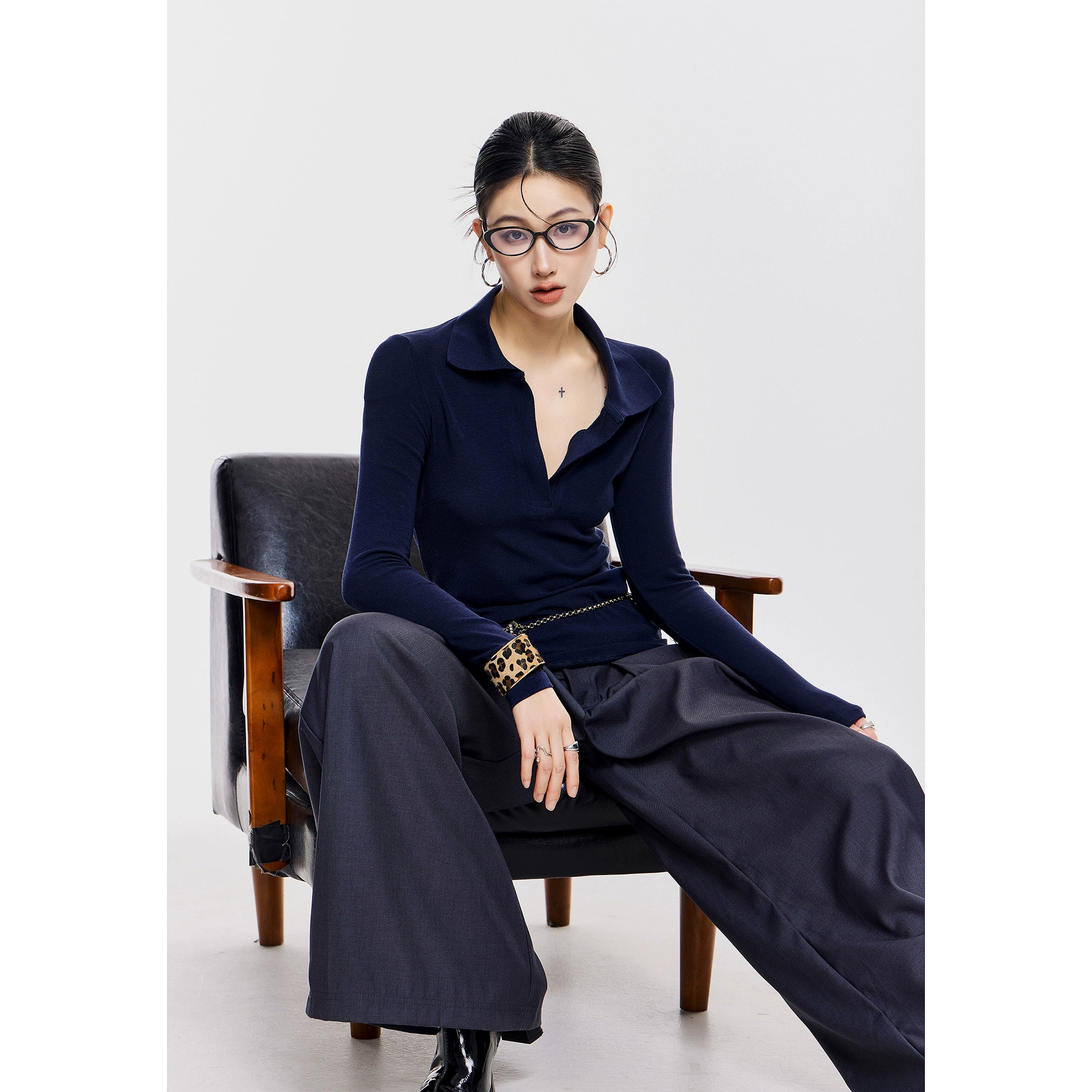 ICH MODE 美式POLO领针织长袖T恤女新款秋冬季修身上衣内搭打底衫