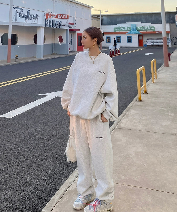 野生zero灰色运动卫衣套装女春秋冬季加绒宽松慵懒风休闲束脚裤子