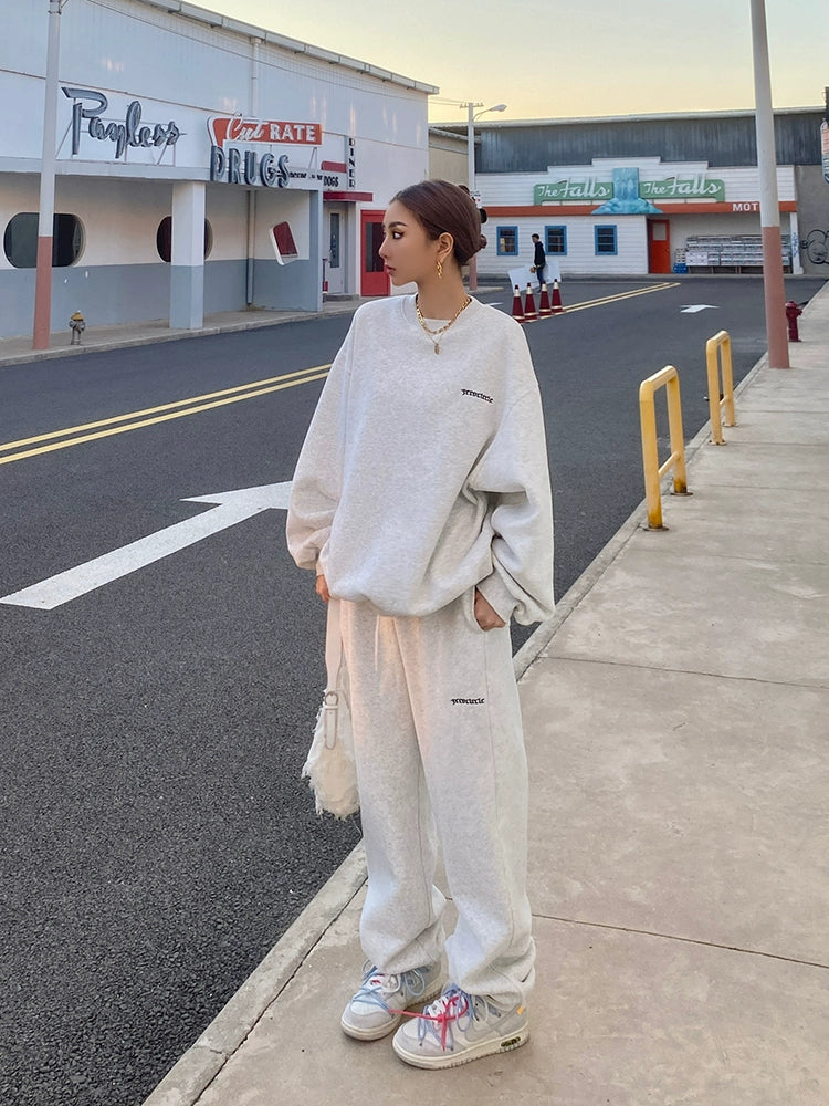 野生zero灰色运动卫衣套装女春秋冬季加绒宽松慵懒风休闲束脚裤子