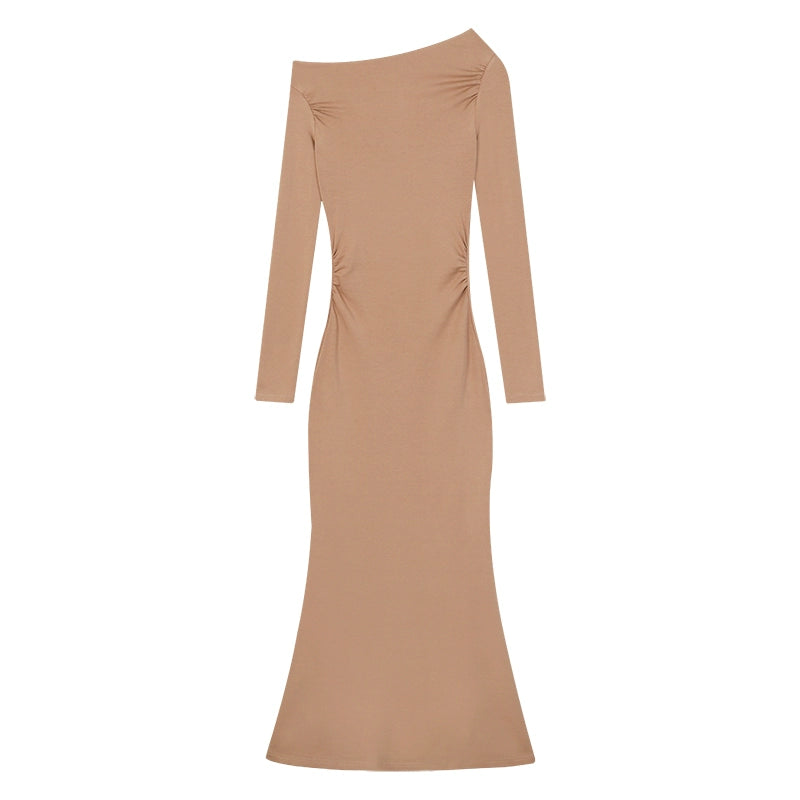 野生zerocircle黑灰绿卡其色一字肩长袖连衣裙女春季收腰显瘦裙子