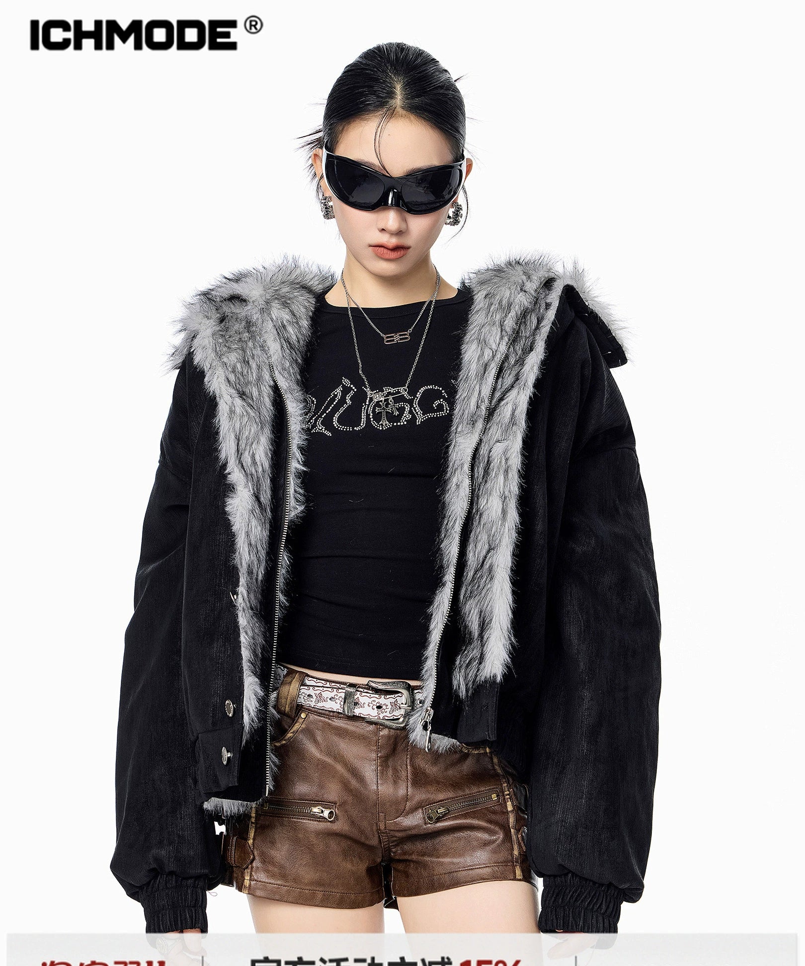 ICH MODE 美式复古座山雕假两件棉服女2025新款冬季保暖棉衣外套