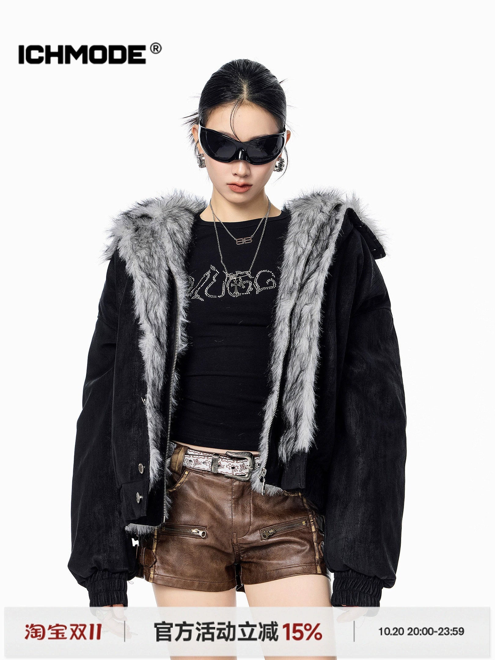 ICH MODE 美式复古座山雕假两件棉服女2025新款冬季保暖棉衣外套