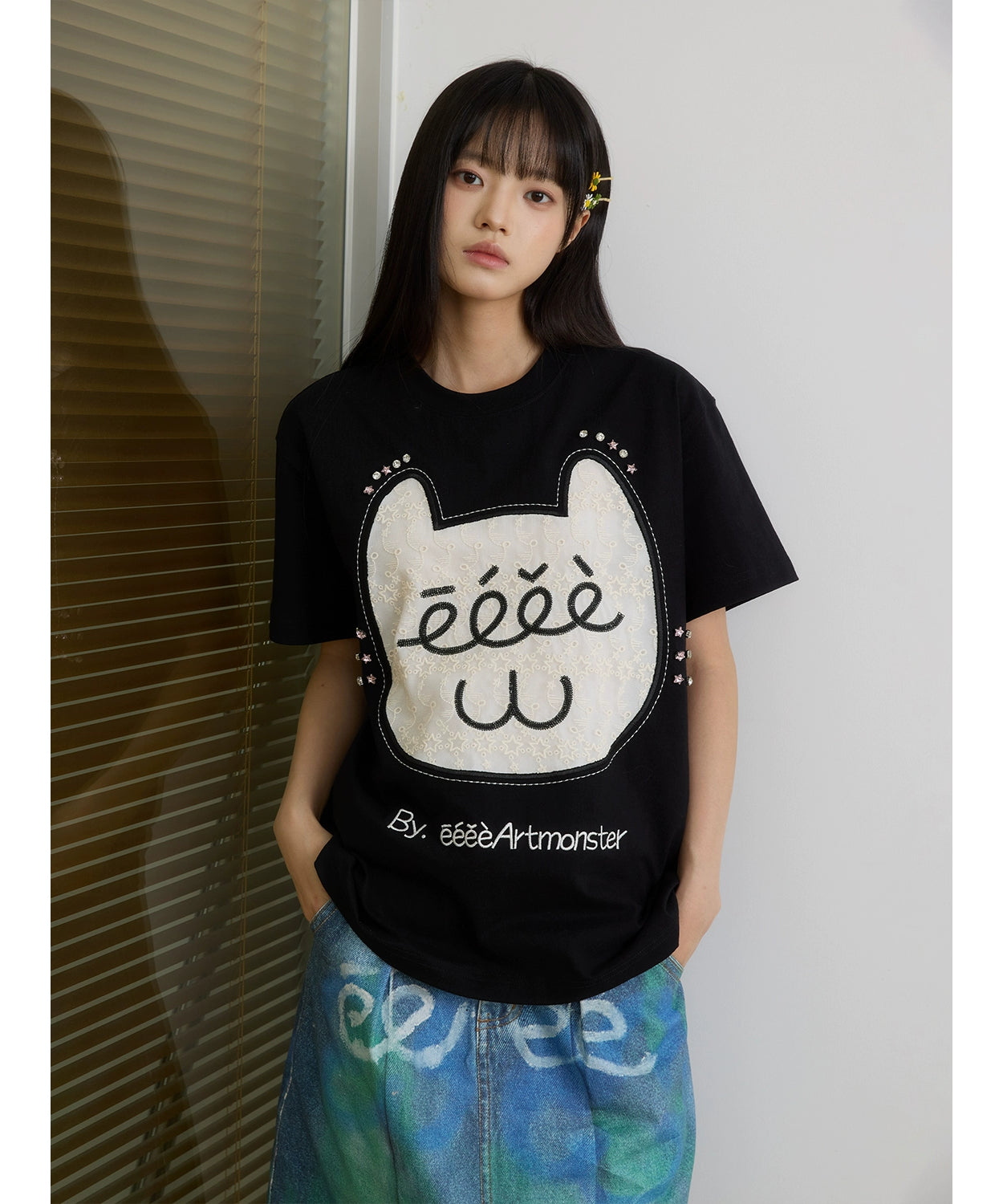 “芭蕾猫咪”｜eeee原创设计感蕾丝贴布绣T恤搞怪钻石猫咪短袖夏