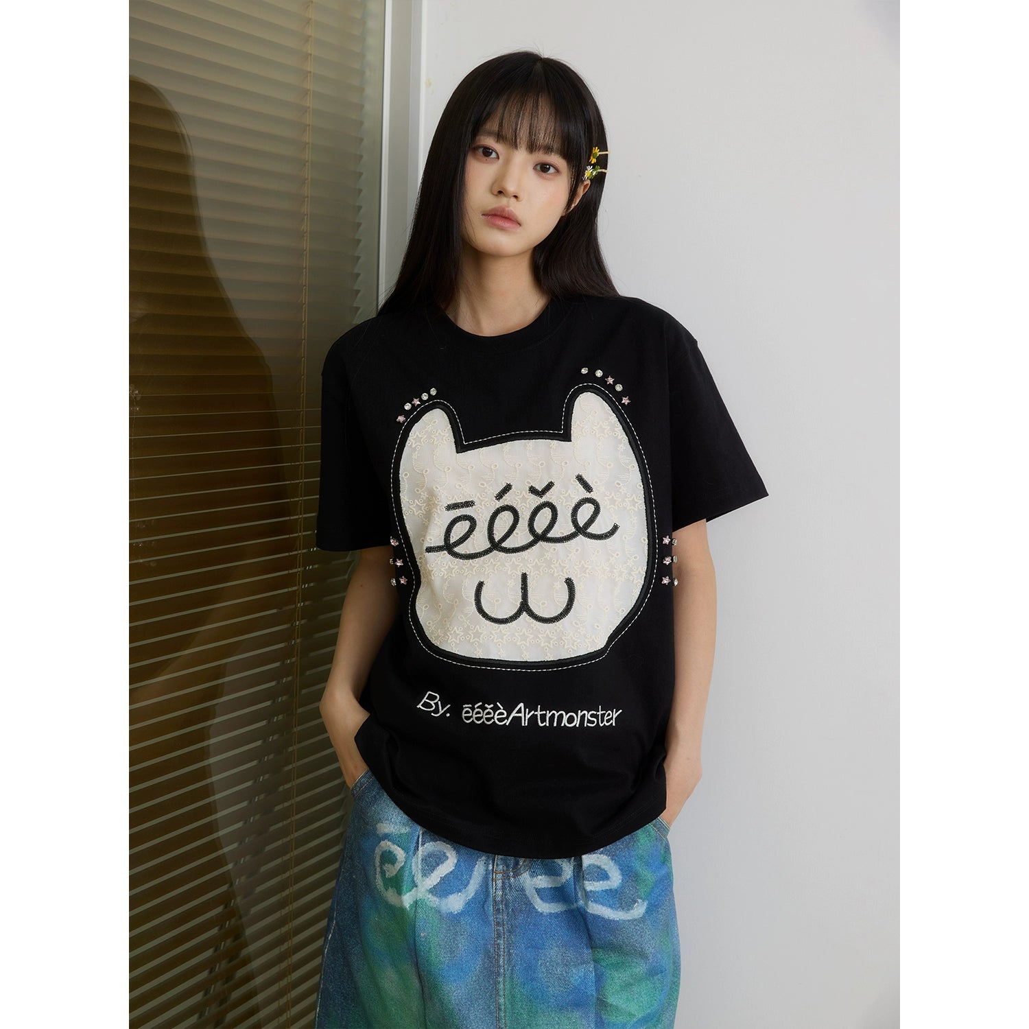 “芭蕾猫咪”｜eeee原创设计感蕾丝贴布绣T恤搞怪钻石猫咪短袖夏